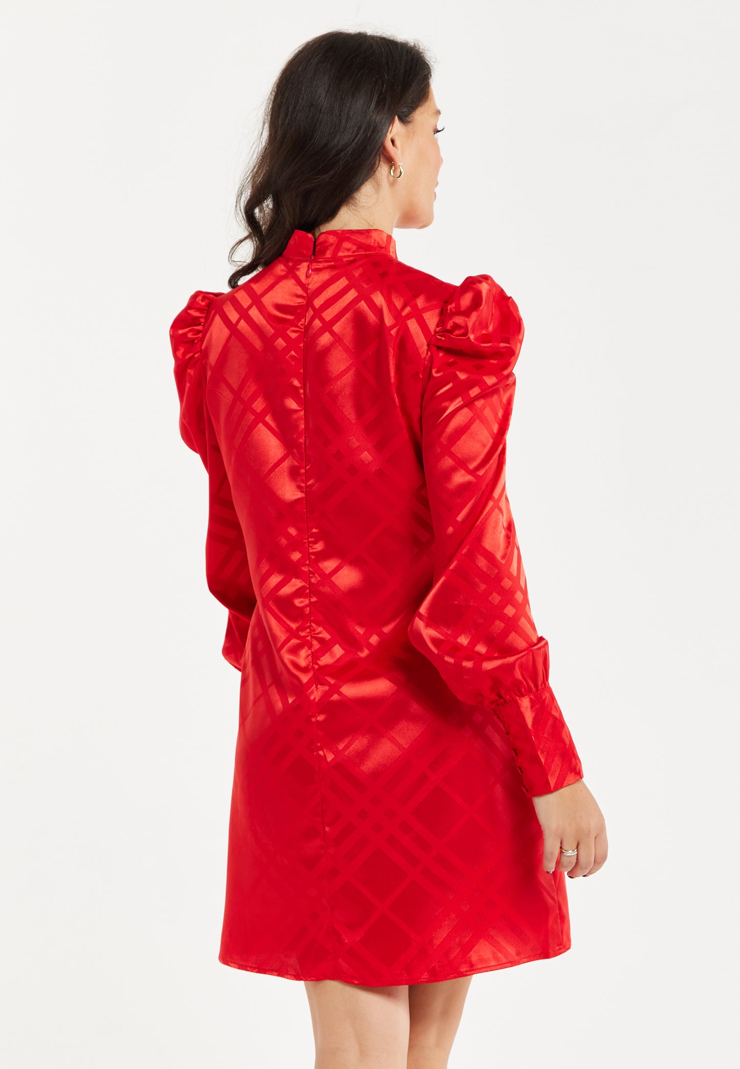 
                  
                    Women's Mini Dress in Red with High Neck, Puff Sleeves, and Check Jacquard Design - Liquorish
                  
                