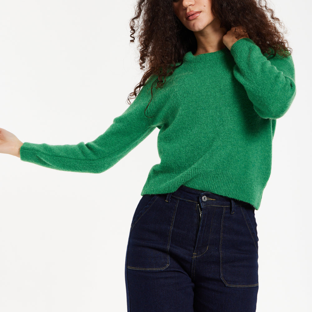 
                  
                    Women's Jumper in Green - Super Soft Alpaca Knitted with Round Neck, Relaxed Fit, Long Sleeves, Ribbed Cuffs and Hem, Liquorish.
                  
                