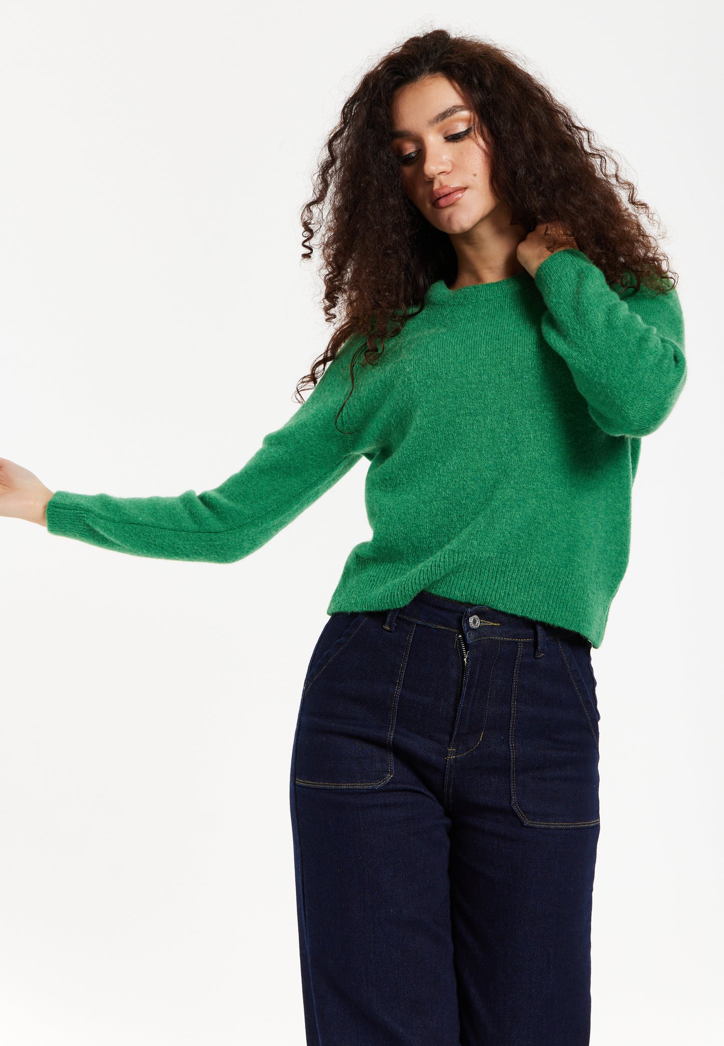 
                  
                    Women's Jumper in Green - Super Soft Alpaca Knitted with Round Neck, Relaxed Fit, Long Sleeves, Ribbed Cuffs and Hem, Liquorish.
                  
                