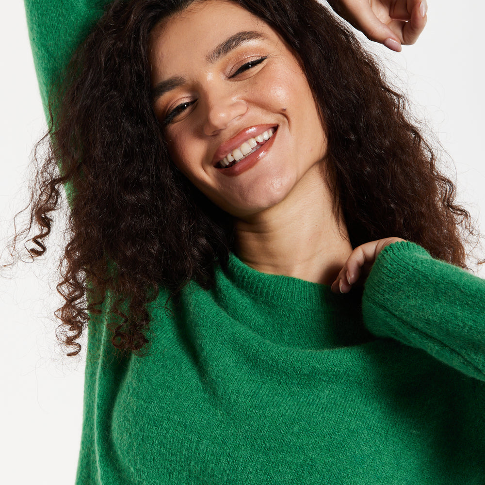 
                  
                    Women's Jumper in Green - Super Soft Alpaca Knitted with Round Neck, Relaxed Fit, Long Sleeves, Ribbed Cuffs and Hem, Liquorish.
                  
                