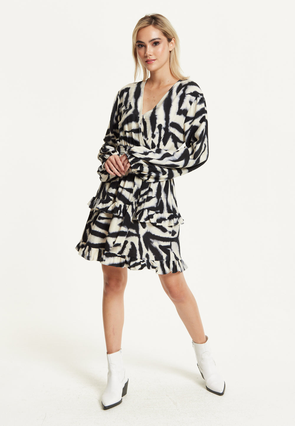Black Cream Zebra Print Wrap Dress