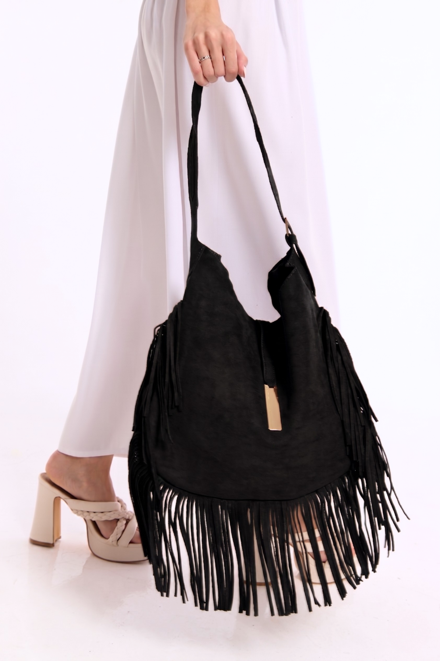 
                  
                    Black Suede Fringe Hobo Bag
                  
                