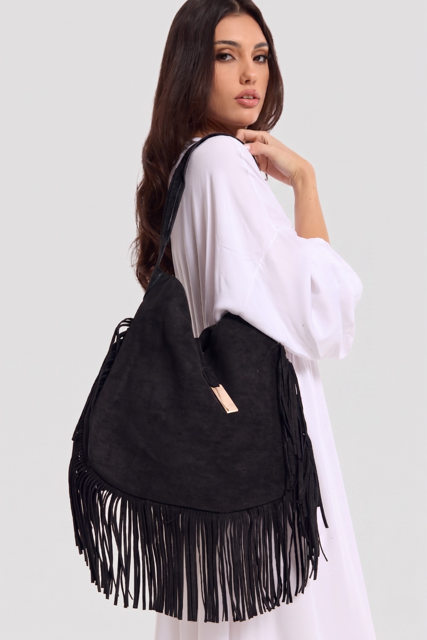 
                  
                    Black Suede Fringe Hobo Bag
                  
                