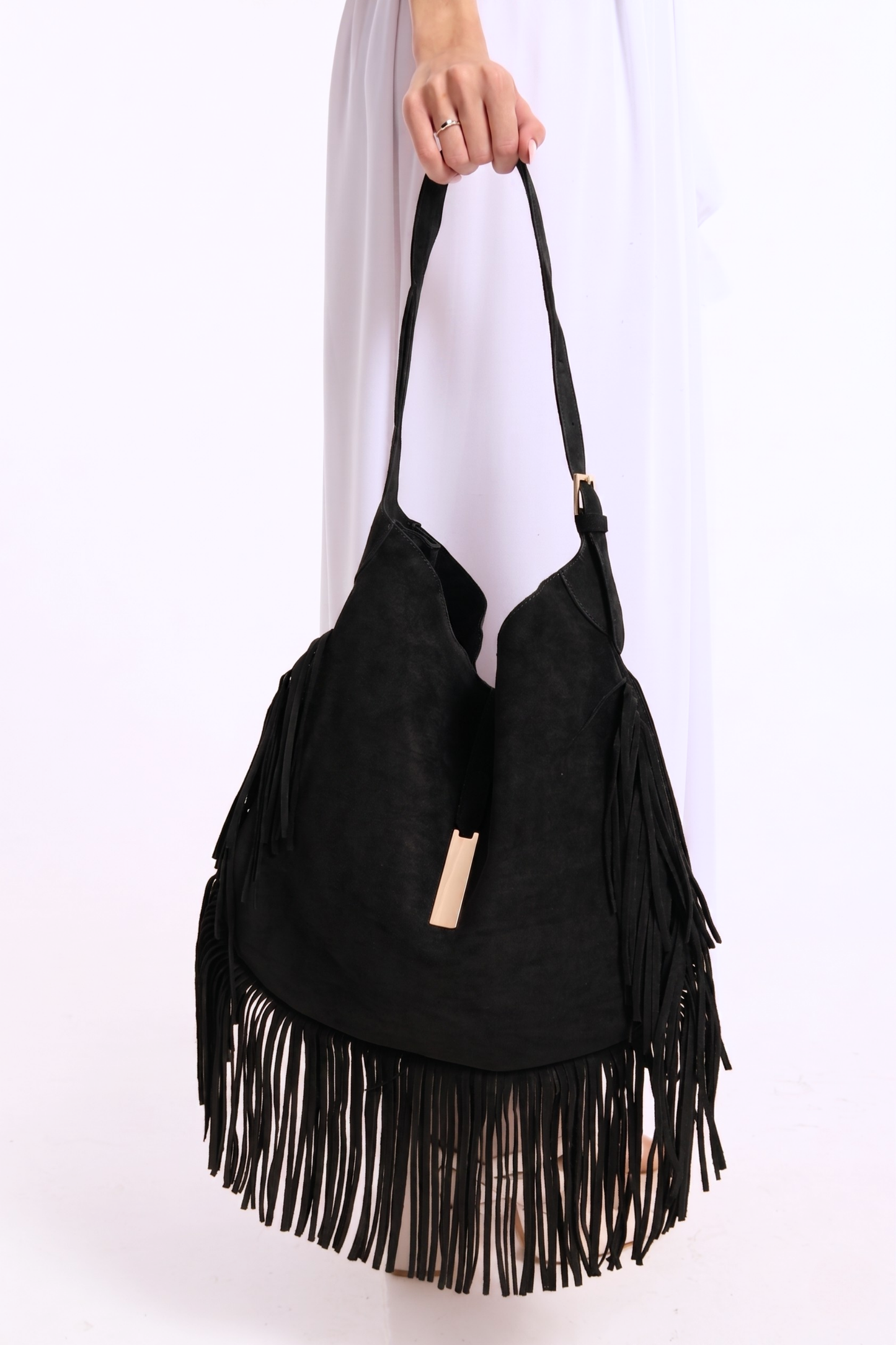 
                  
                    Black Suede Fringe Hobo Bag
                  
                