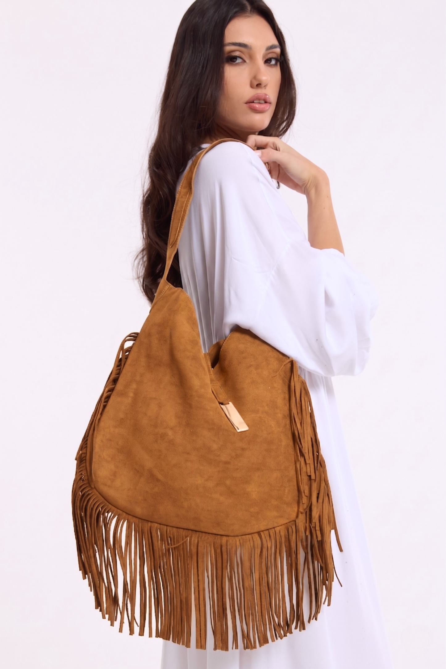 
                  
                    Tan Suede Fringe Hobo Shoulder Bag
                  
                