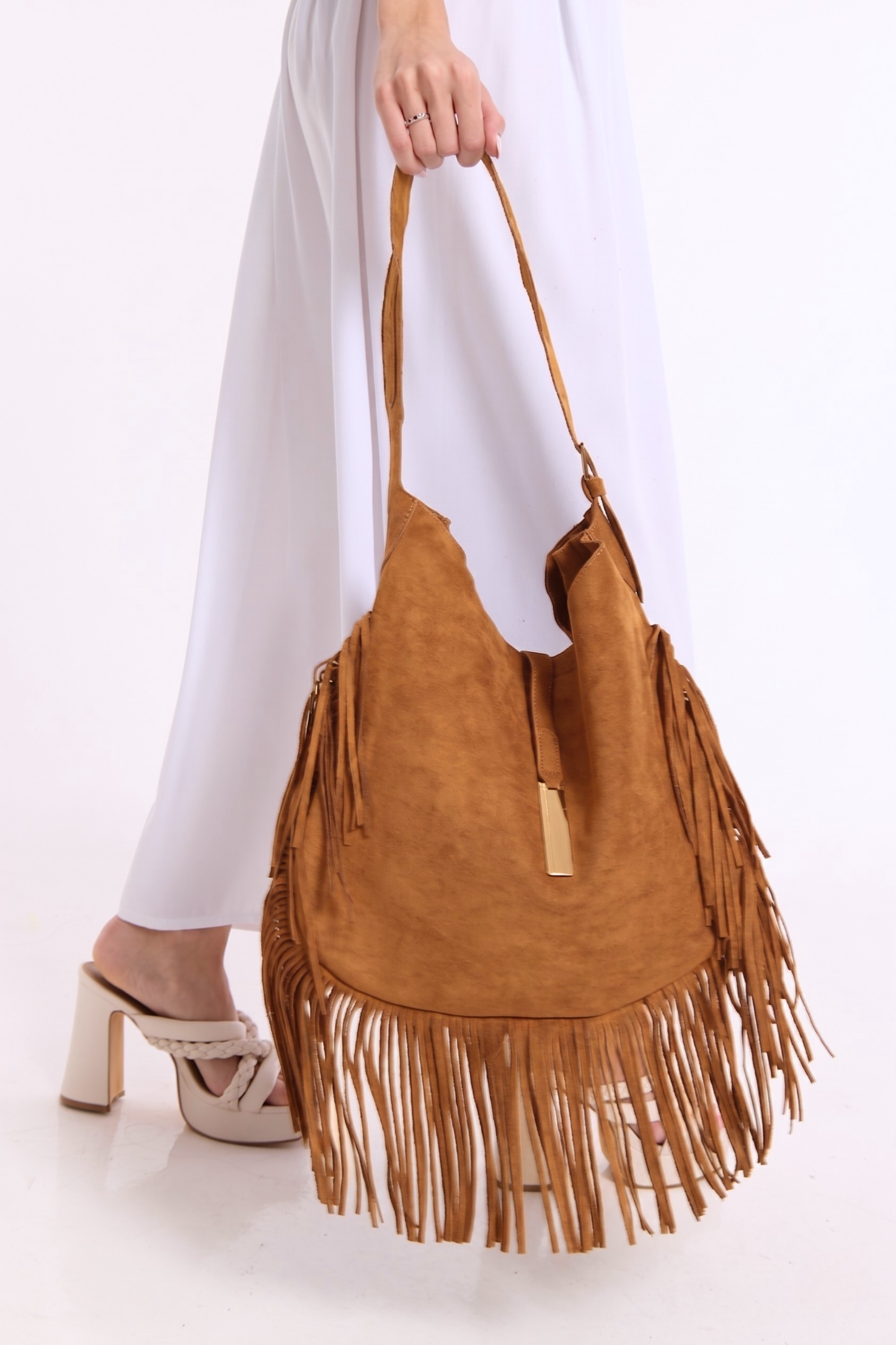 
                  
                    Tan Suede Fringe Hobo Shoulder Bag
                  
                