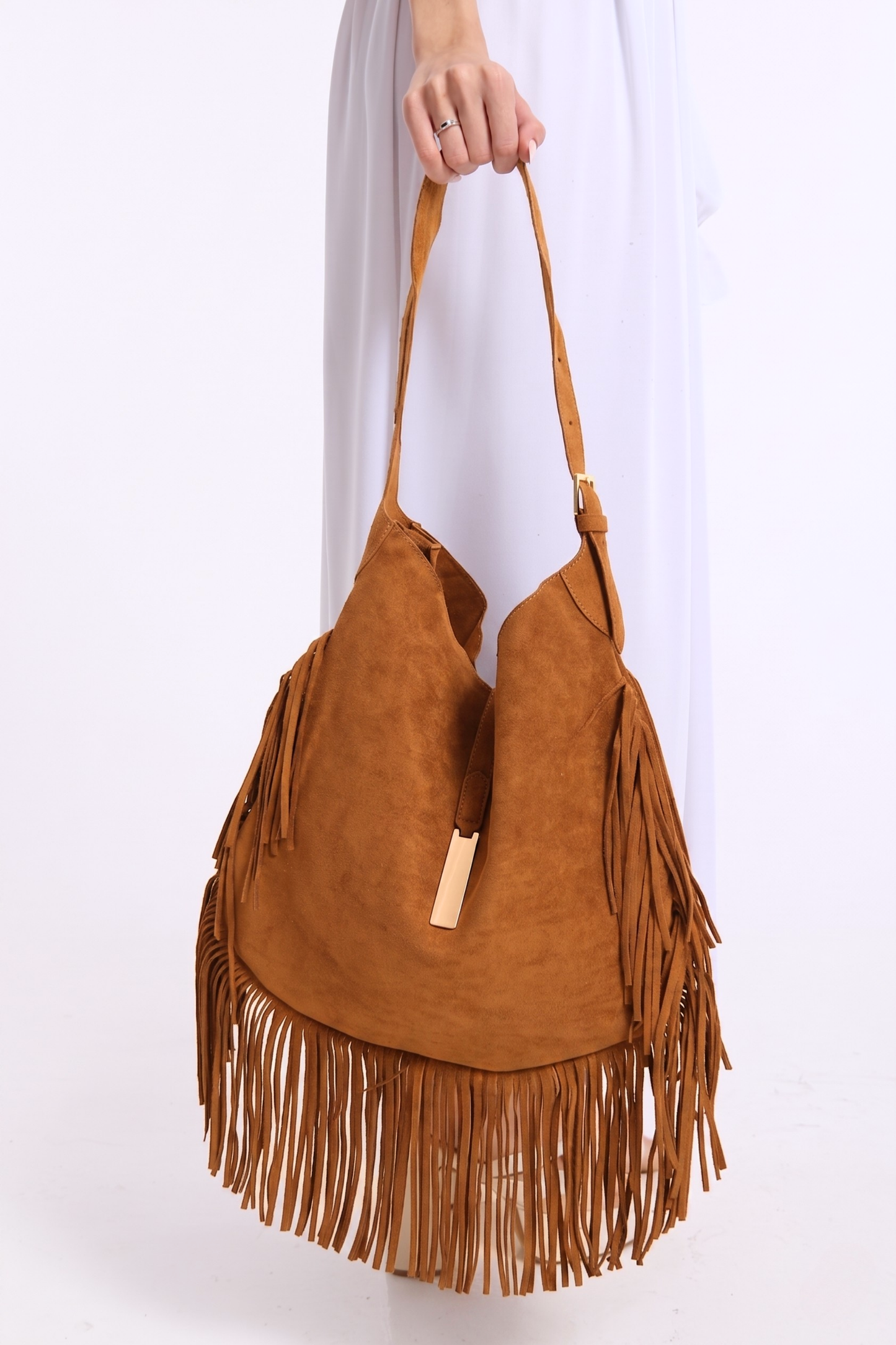 
                  
                    Tan Suede Fringe Hobo Shoulder Bag
                  
                