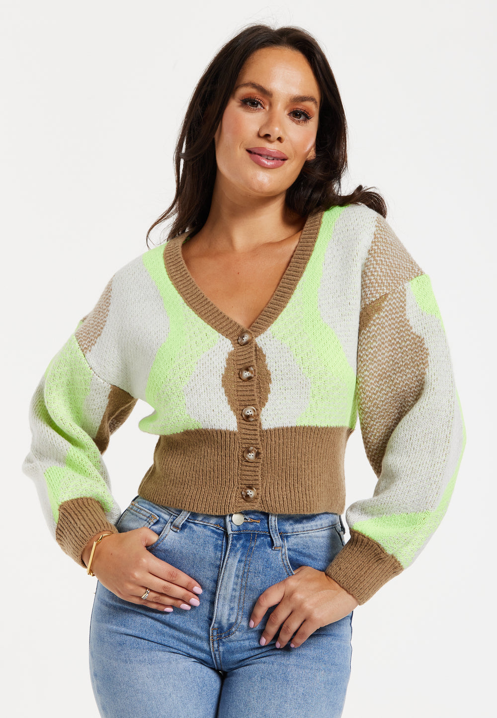 Liquorish Cardigan In Brown, Green And Cream