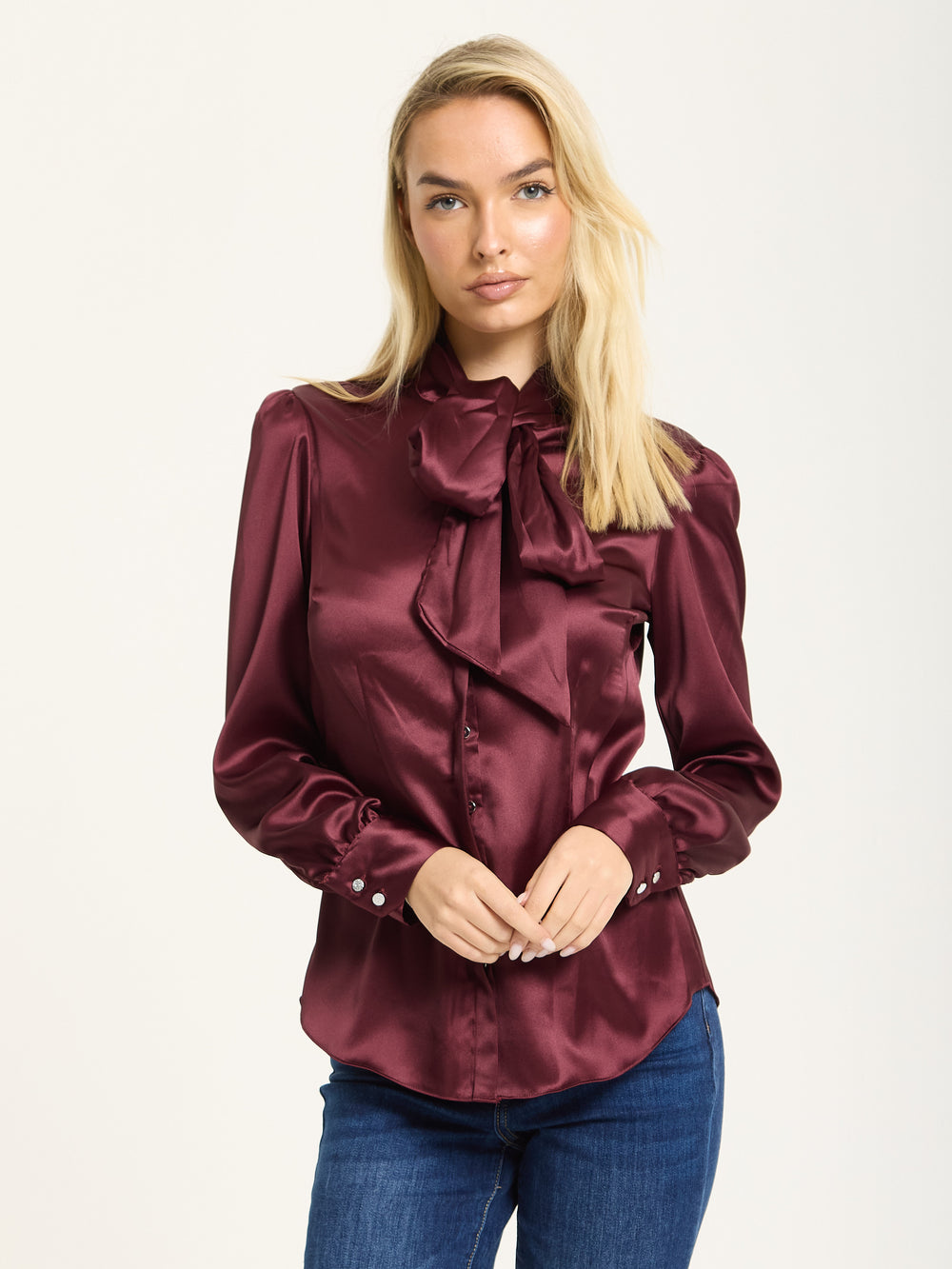 Wine Satin Pussybow Silver Button Shirt