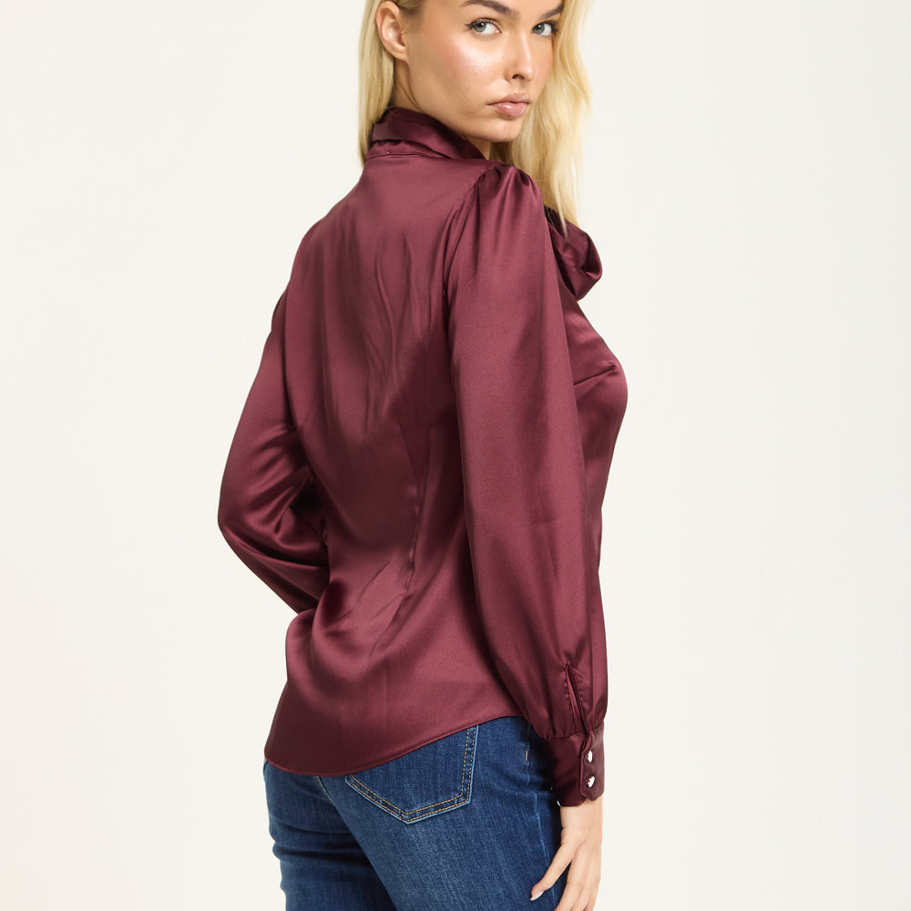 
                  
                    Wine Satin Pussybow Silver Button Shirt
                  
                