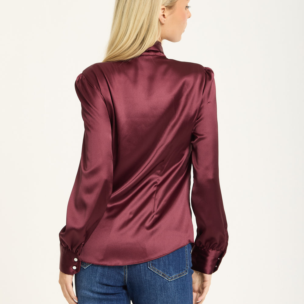 
                  
                    Wine Satin Pussybow Silver Button Shirt
                  
                
