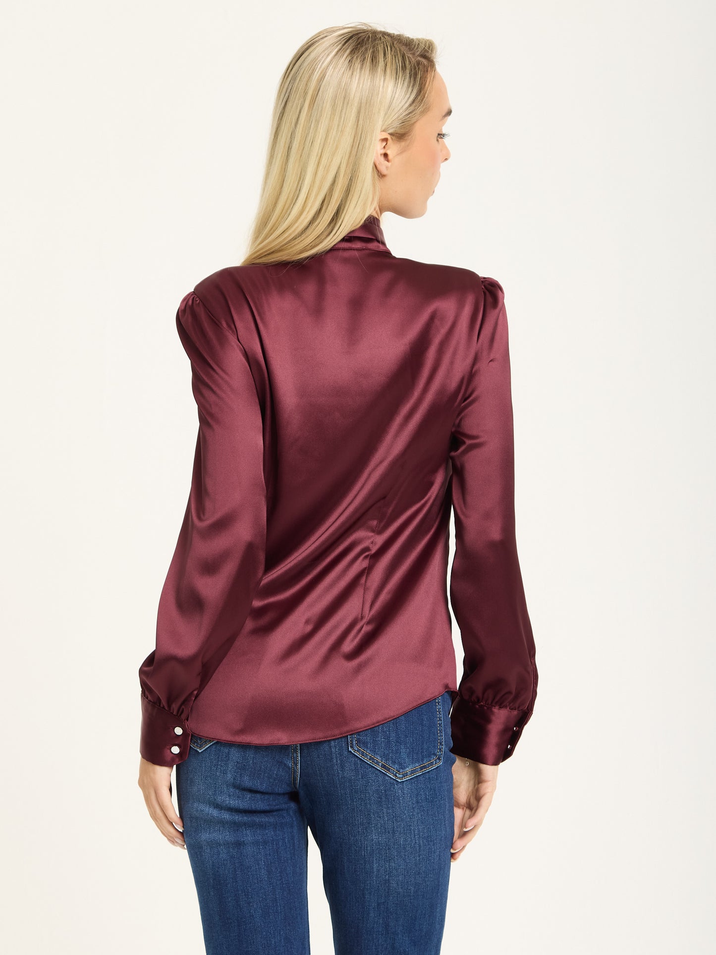 
                  
                    Wine Satin Pussybow Silver Button Shirt
                  
                