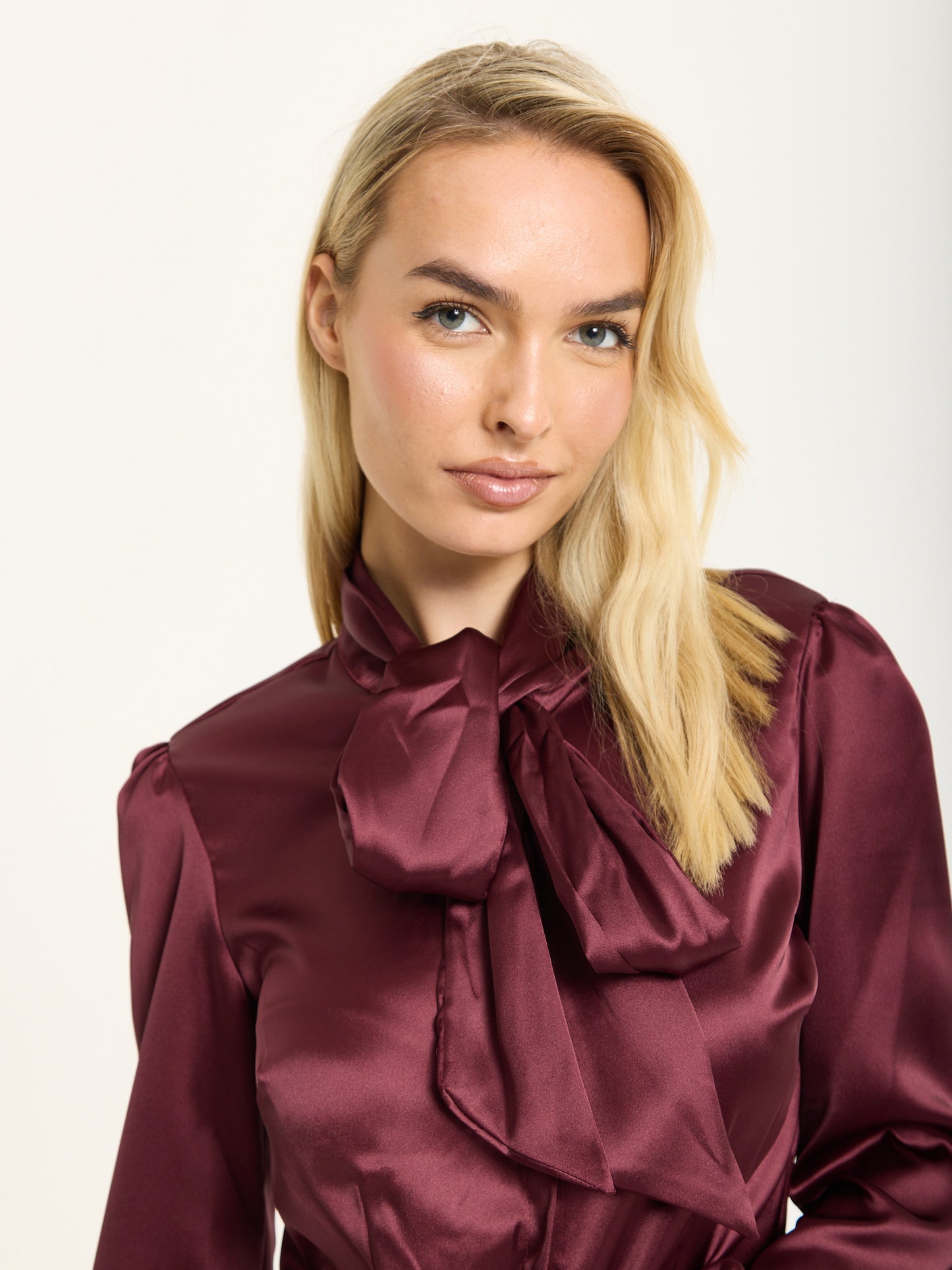 
                  
                    Wine Satin Pussybow Silver Button Shirt
                  
                