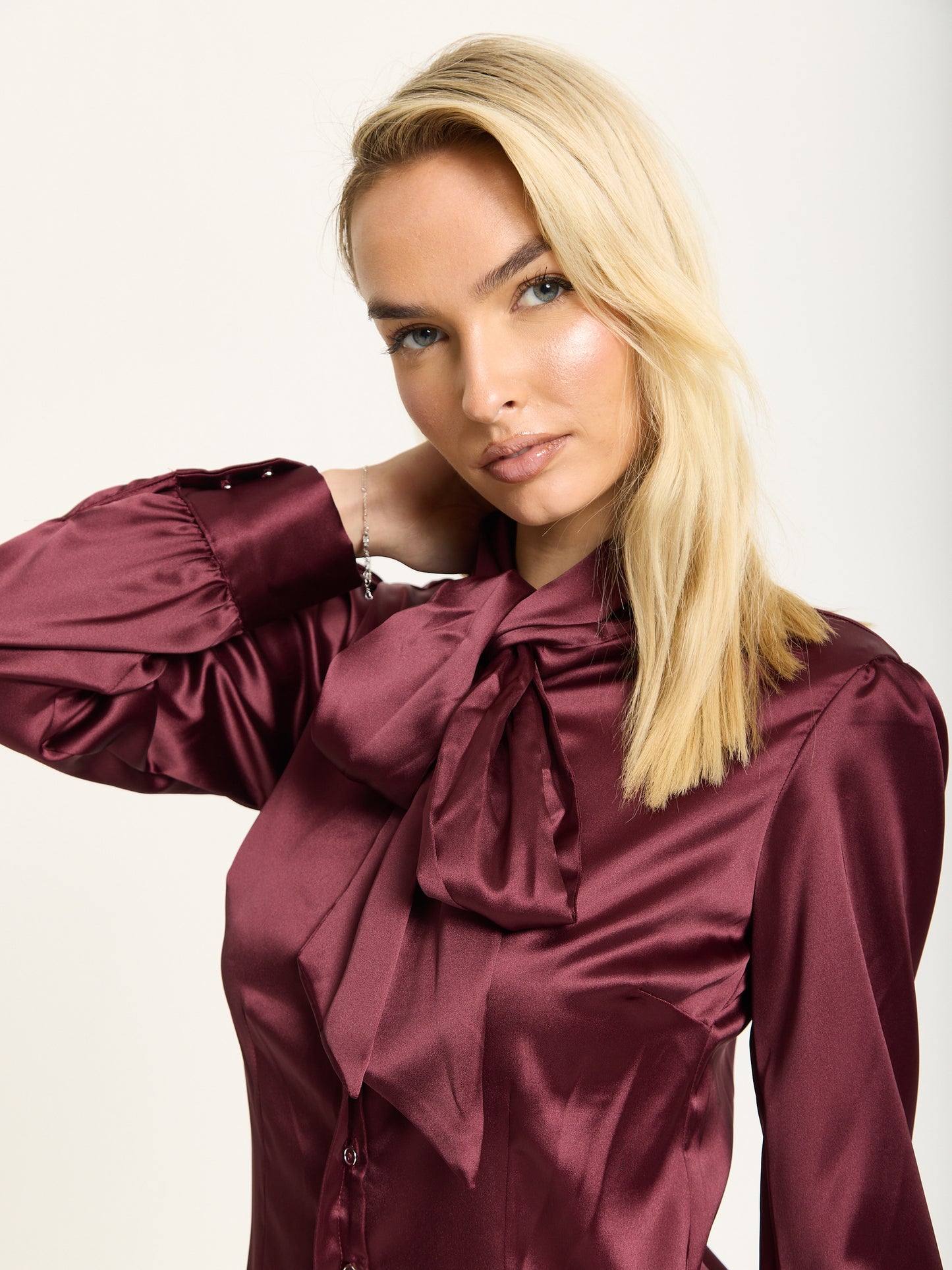 
                  
                    Wine Satin Pussybow Silver Button Shirt
                  
                