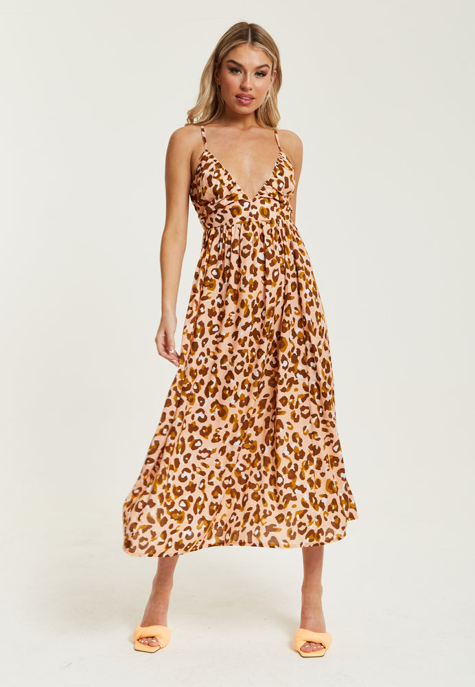 Liquorish Brown Leopard Strappy Midi Dress With Open Back