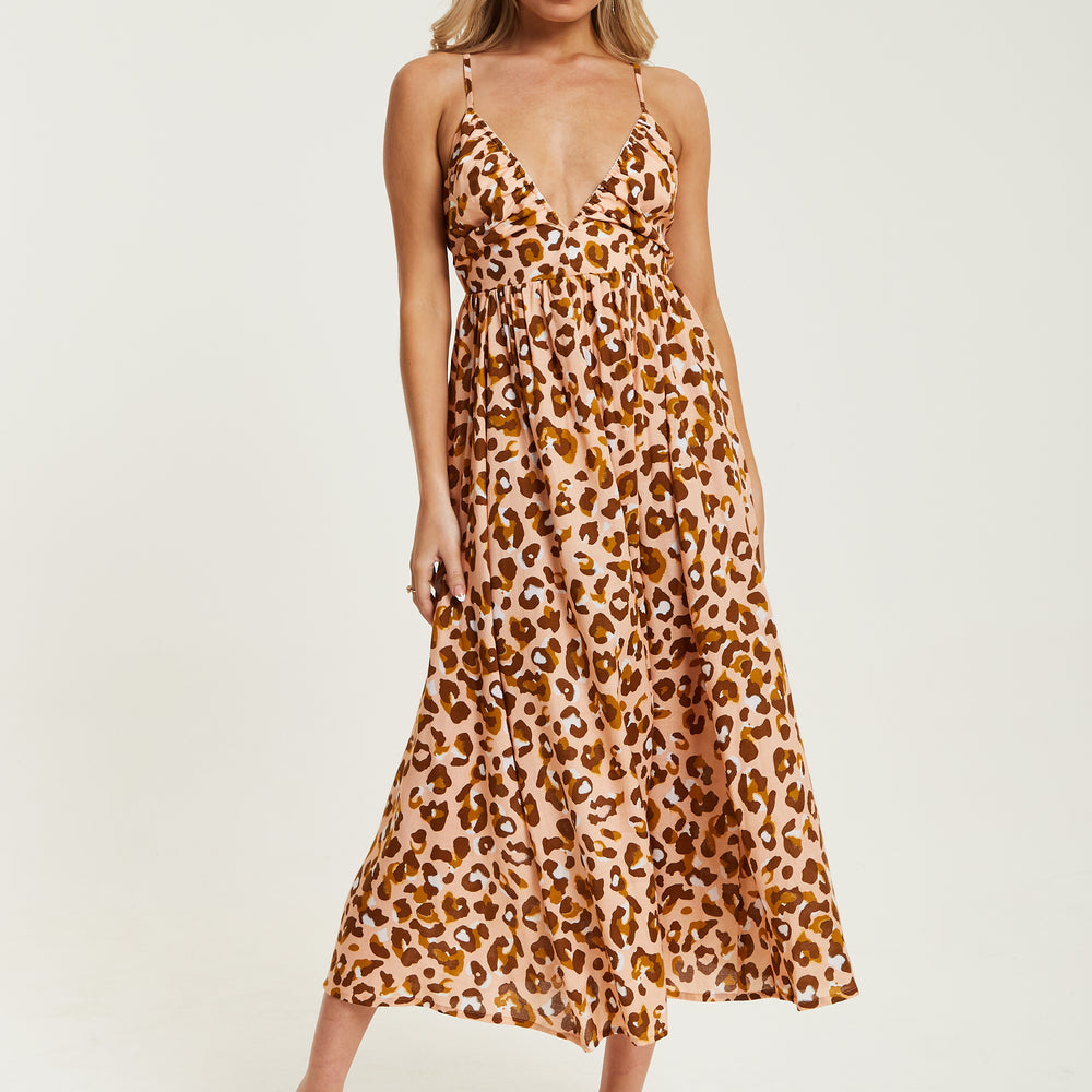 
                  
                    Liquorish Brown Leopard Strappy Midi Dress With Open Back
                  
                