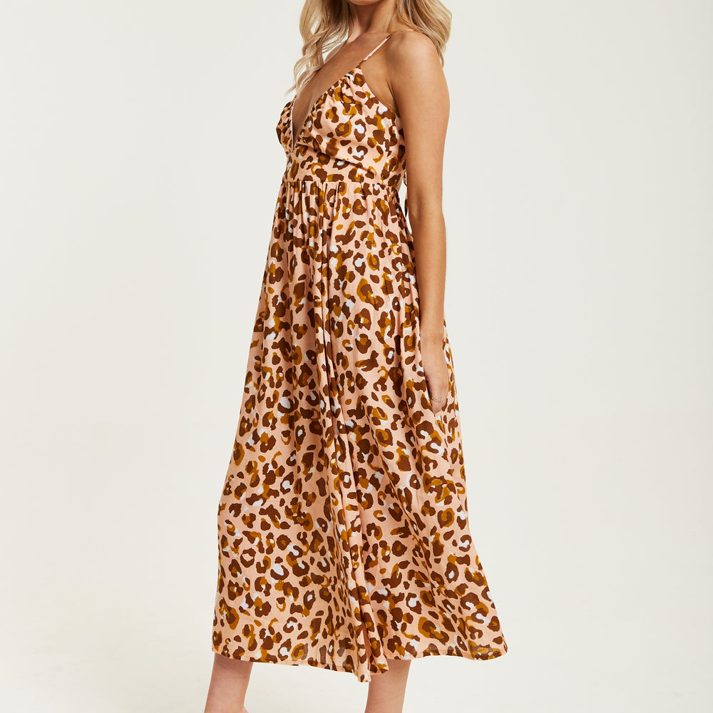
                  
                    Liquorish Brown Leopard Strappy Midi Dress With Open Back
                  
                