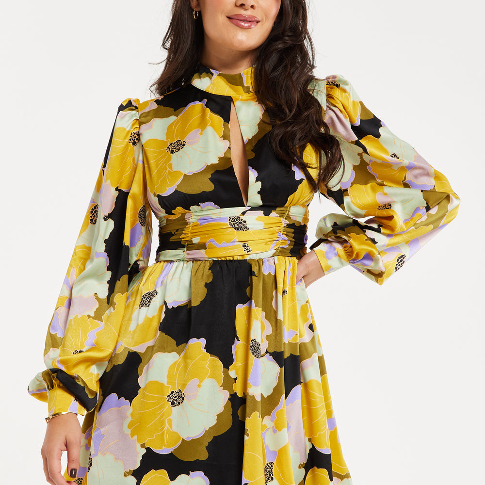 
                  
                    Women's Mini Dress in Earth Tone with Long Balloon Sleeves and Abstract Floral Print - Liquorish
                  
                