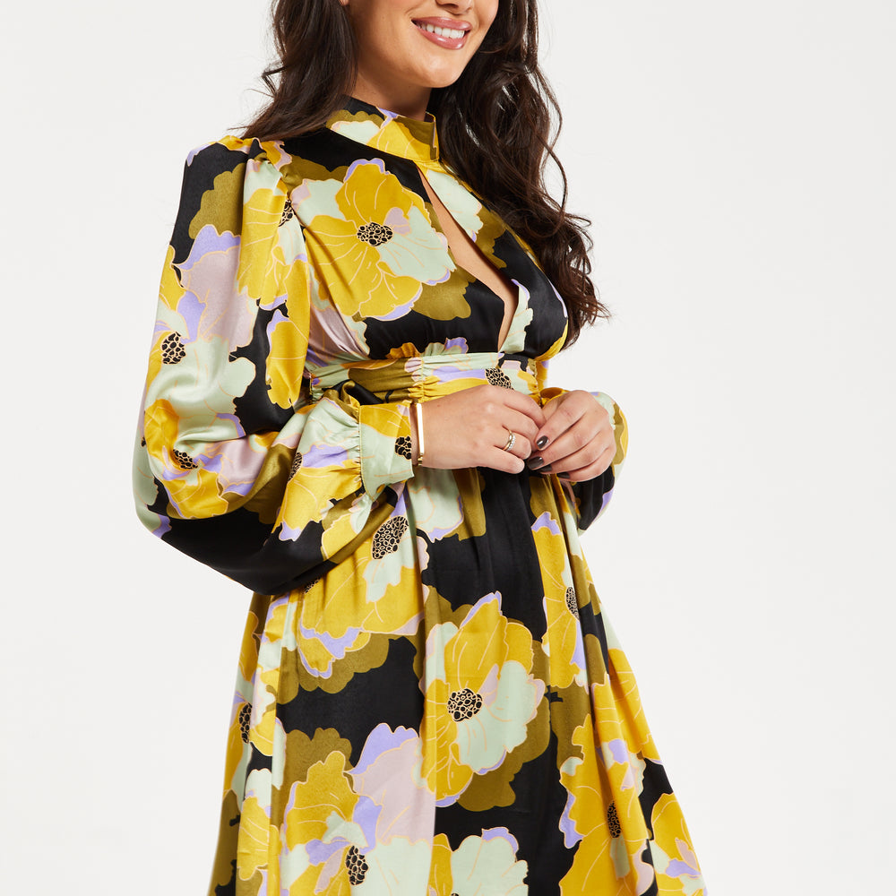 
                  
                    Women's Mini Dress in Earth Tone with Long Balloon Sleeves and Abstract Floral Print - Liquorish
                  
                