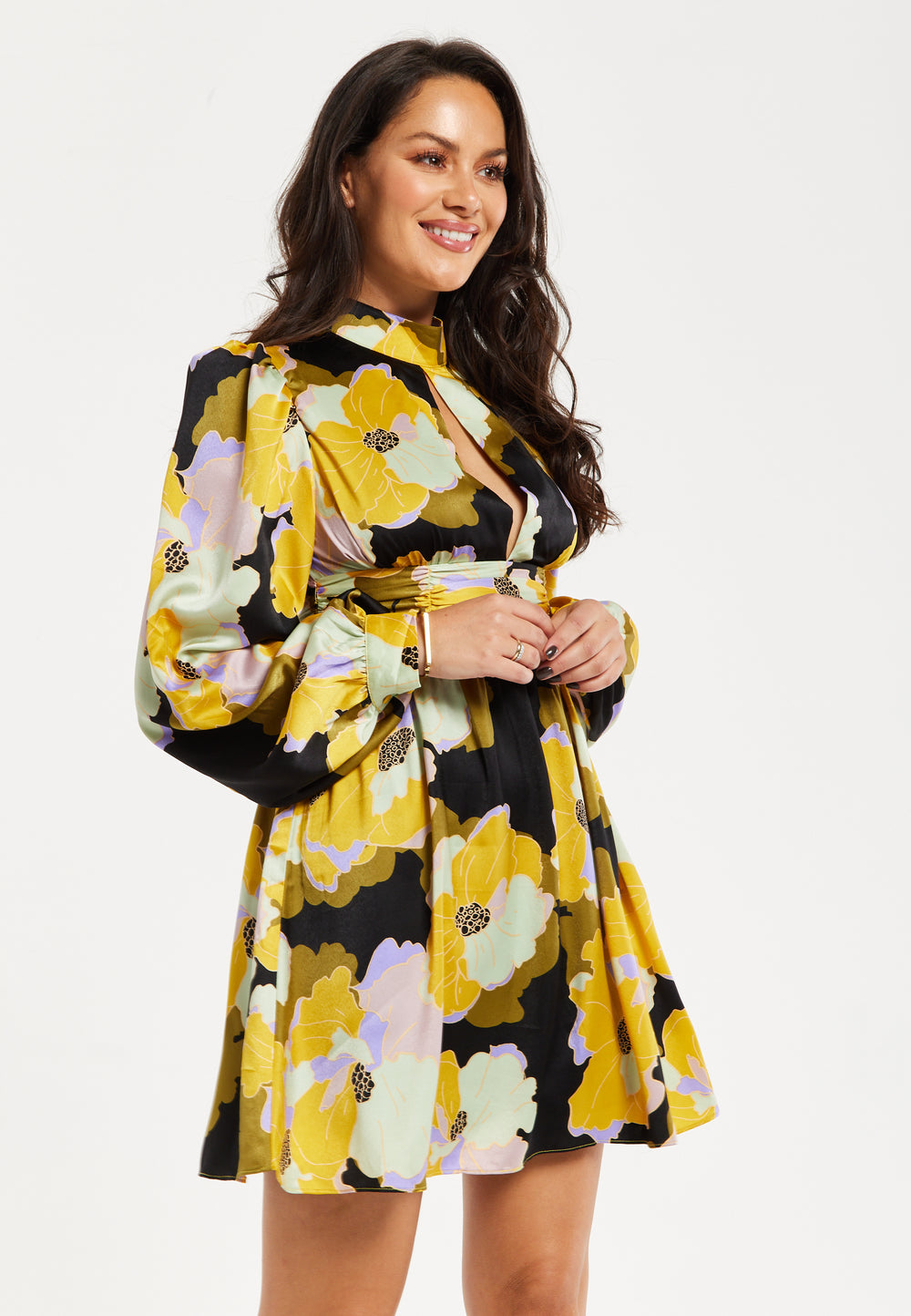 Women's Mini Dress in Earth Tone with Long Balloon Sleeves and Abstract Floral Print - Liquorish