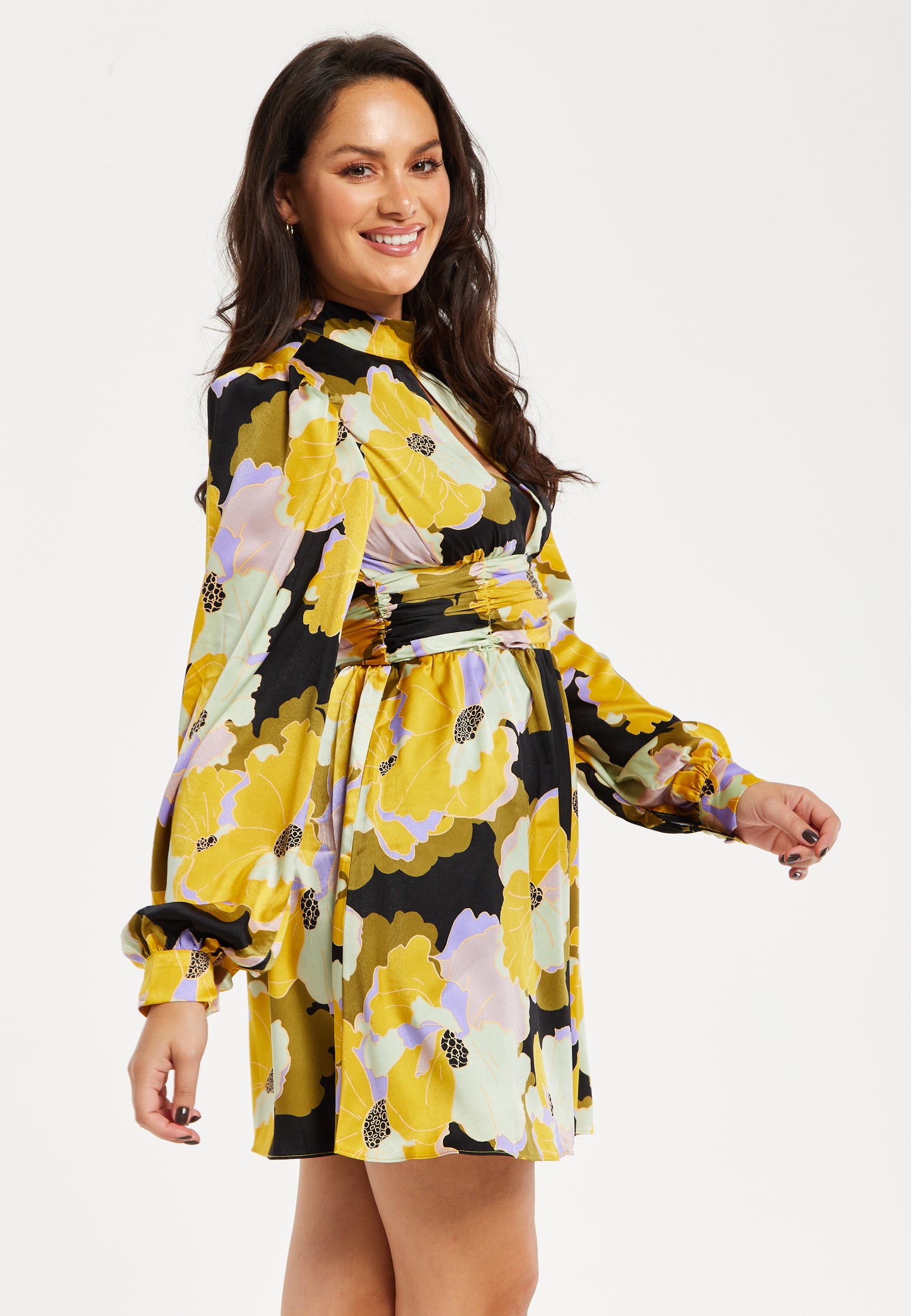 
                  
                    Women's Mini Dress in Earth Tone with Long Balloon Sleeves and Abstract Floral Print - Liquorish
                  
                