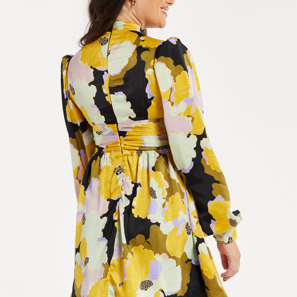 
                  
                    Women's Mini Dress in Earth Tone with Long Balloon Sleeves and Abstract Floral Print - Liquorish
                  
                