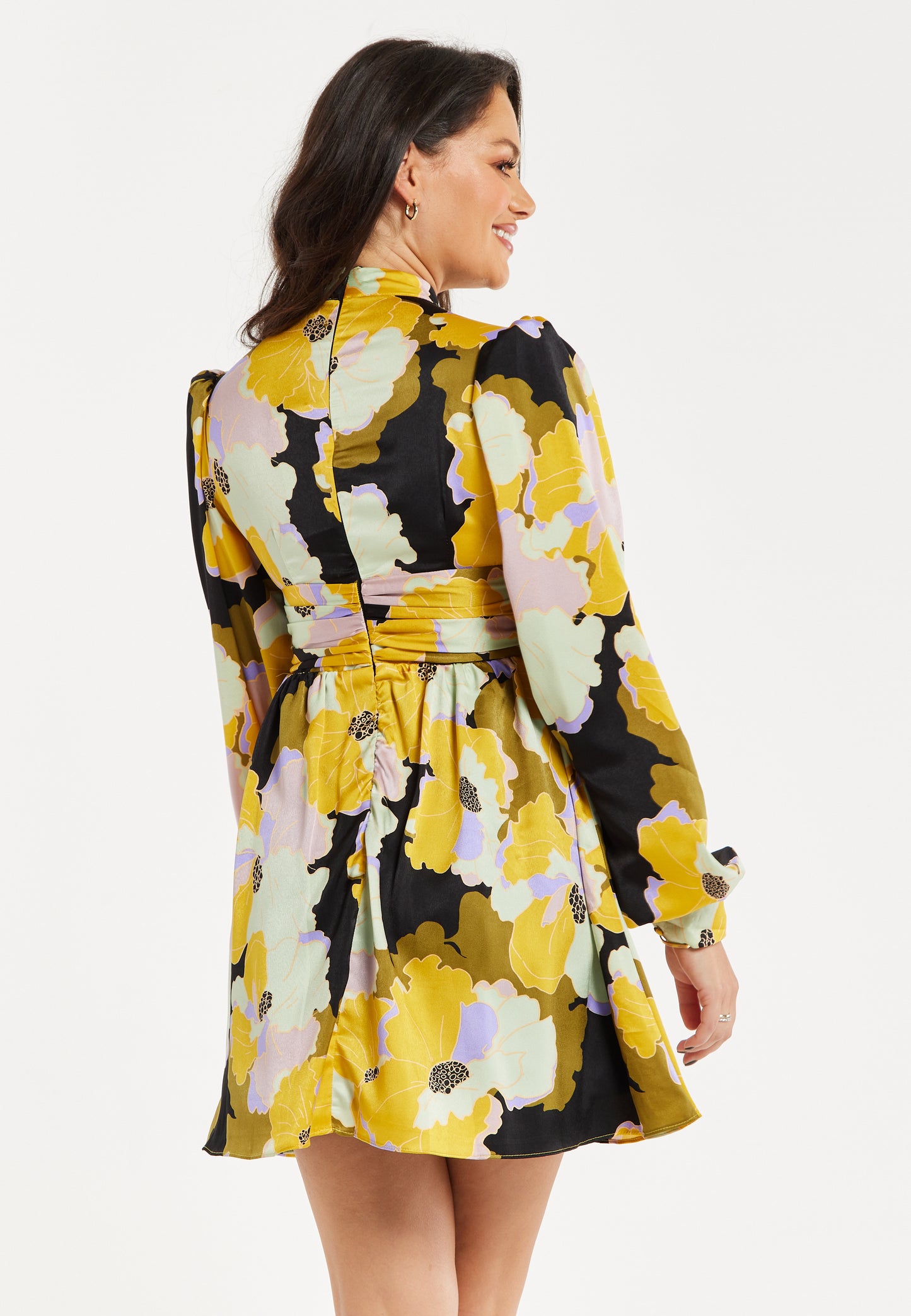 
                  
                    Women's Mini Dress in Earth Tone with Long Balloon Sleeves and Abstract Floral Print - Liquorish
                  
                