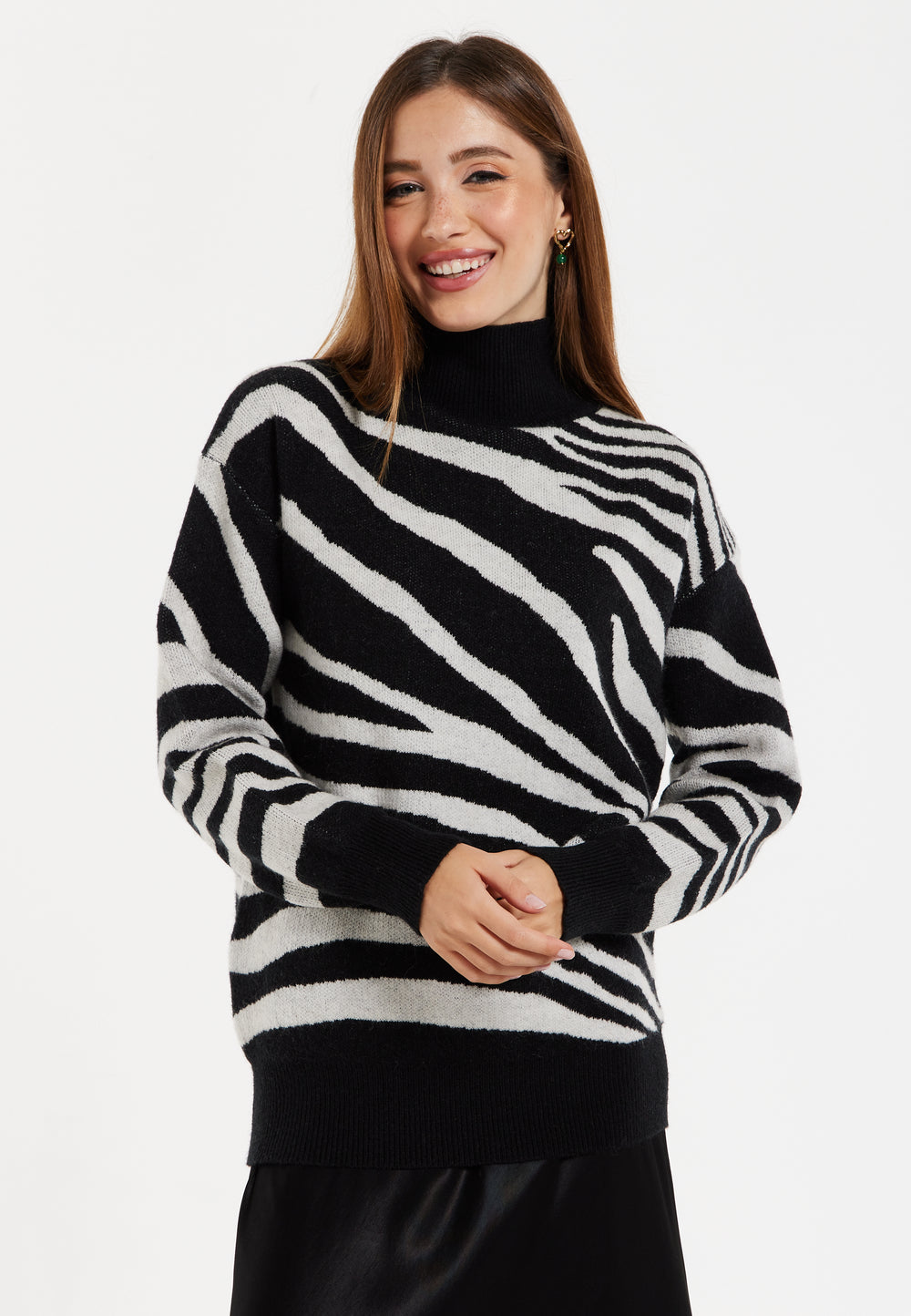 Women's Jumper with Long Sleeves in Mono Zebra Pattern - High Neck Design for Warmth and Comfort, Liquorish