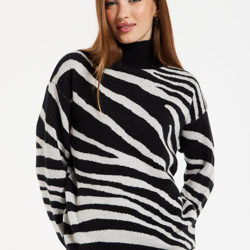 
                  
                    Women's Jumper with Long Sleeves in Mono Zebra Pattern - High Neck Design for Warmth and Comfort, Liquorish
                  
                