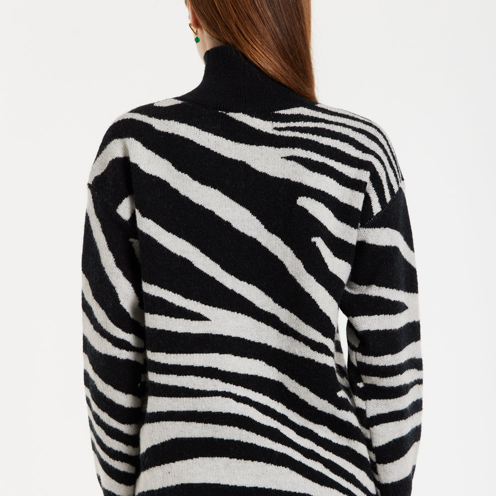 
                  
                    Women's Jumper with Long Sleeves in Mono Zebra Pattern - High Neck Design for Warmth and Comfort, Liquorish
                  
                