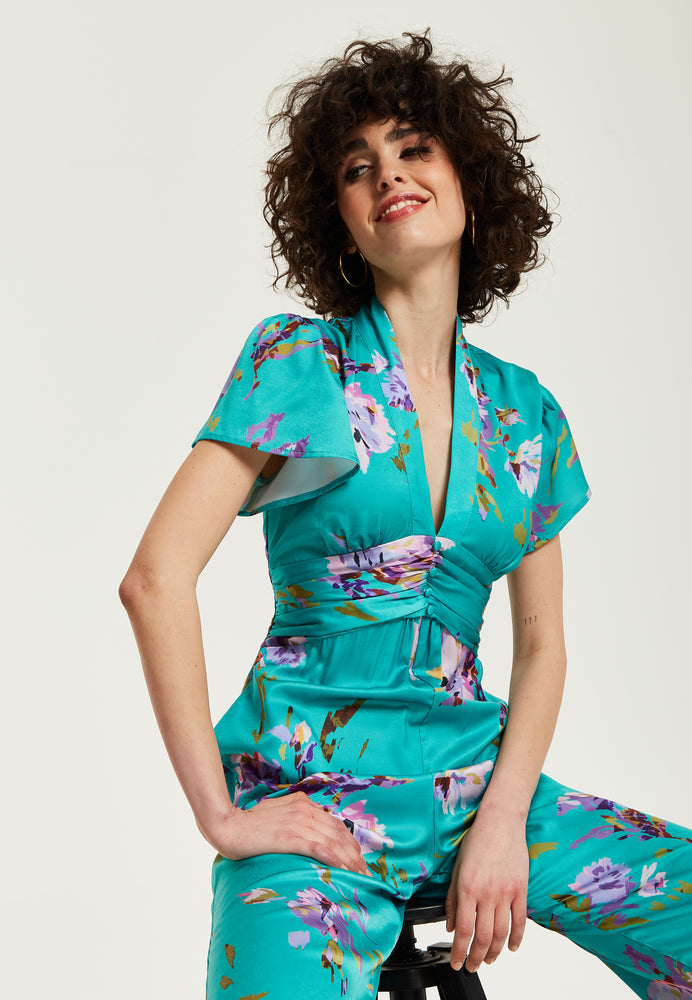 Liquorish Green Floral Jumpsuit With Short Sleeves