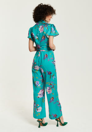 Liquorish Green Floral Jumpsuit With Short Sleeves