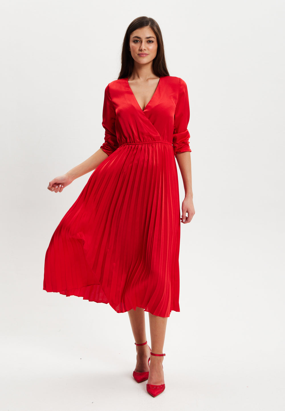 Liquorish Red Midi Dress With Pleat Details