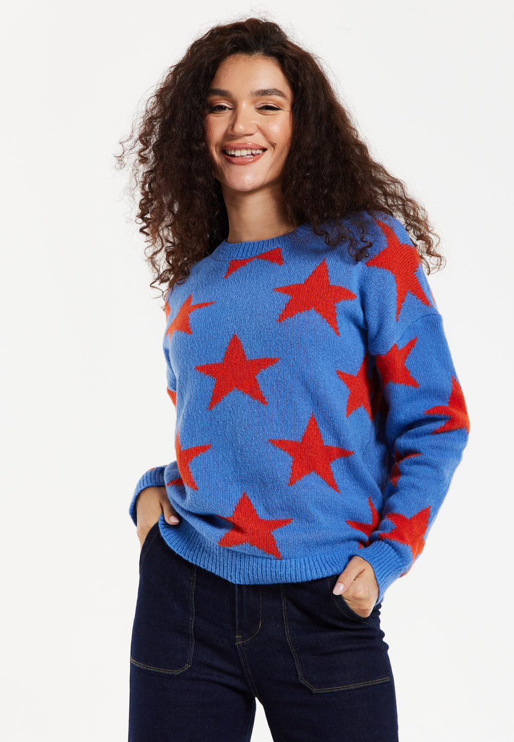 Women's Jumper in Blue with Full-Length Sleeves and Unique Red Star Pattern