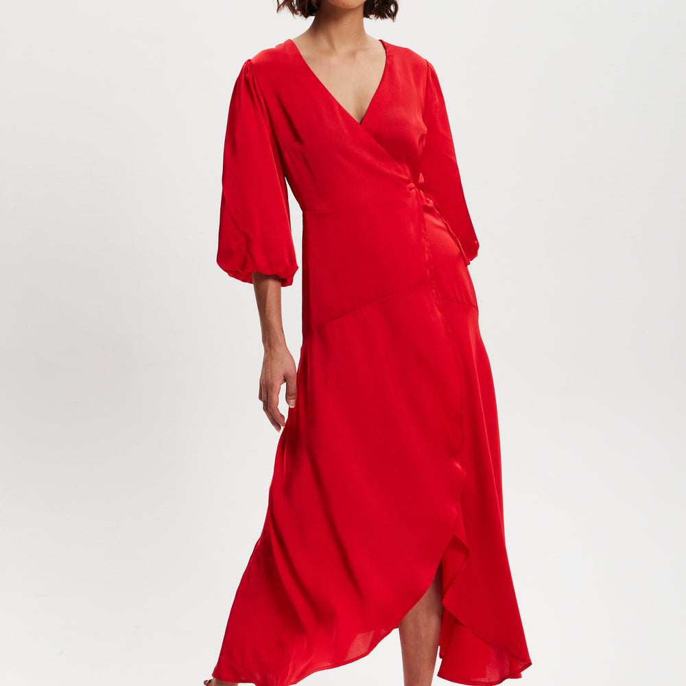 
                  
                    Liquorish Red Midi Wrap Dress With Short Puff Sleeves
                  
                
