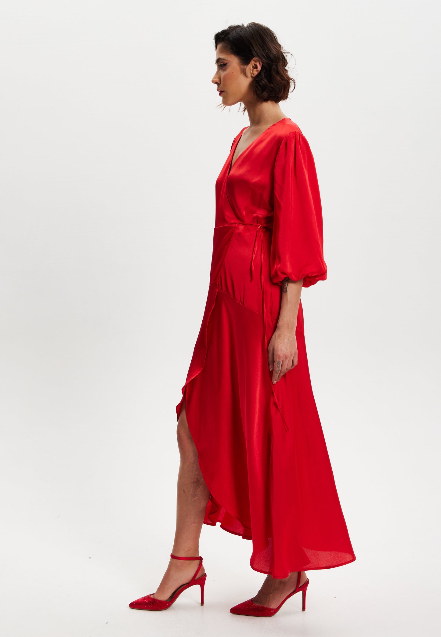 
                  
                    Liquorish Red Midi Wrap Dress With Short Puff Sleeves
                  
                