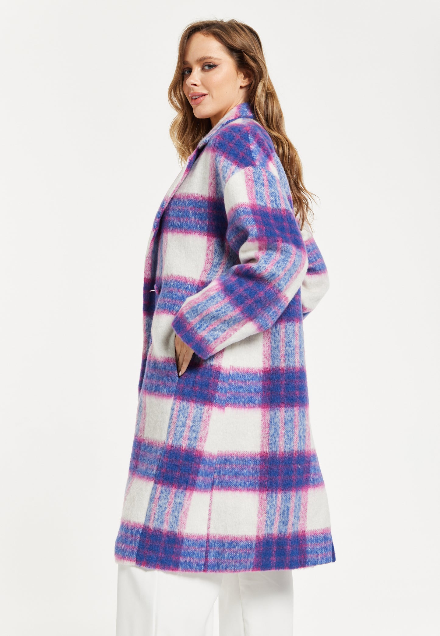 
                  
                    Liquorish Longline Coat In Pink And Navy Checks
                  
                