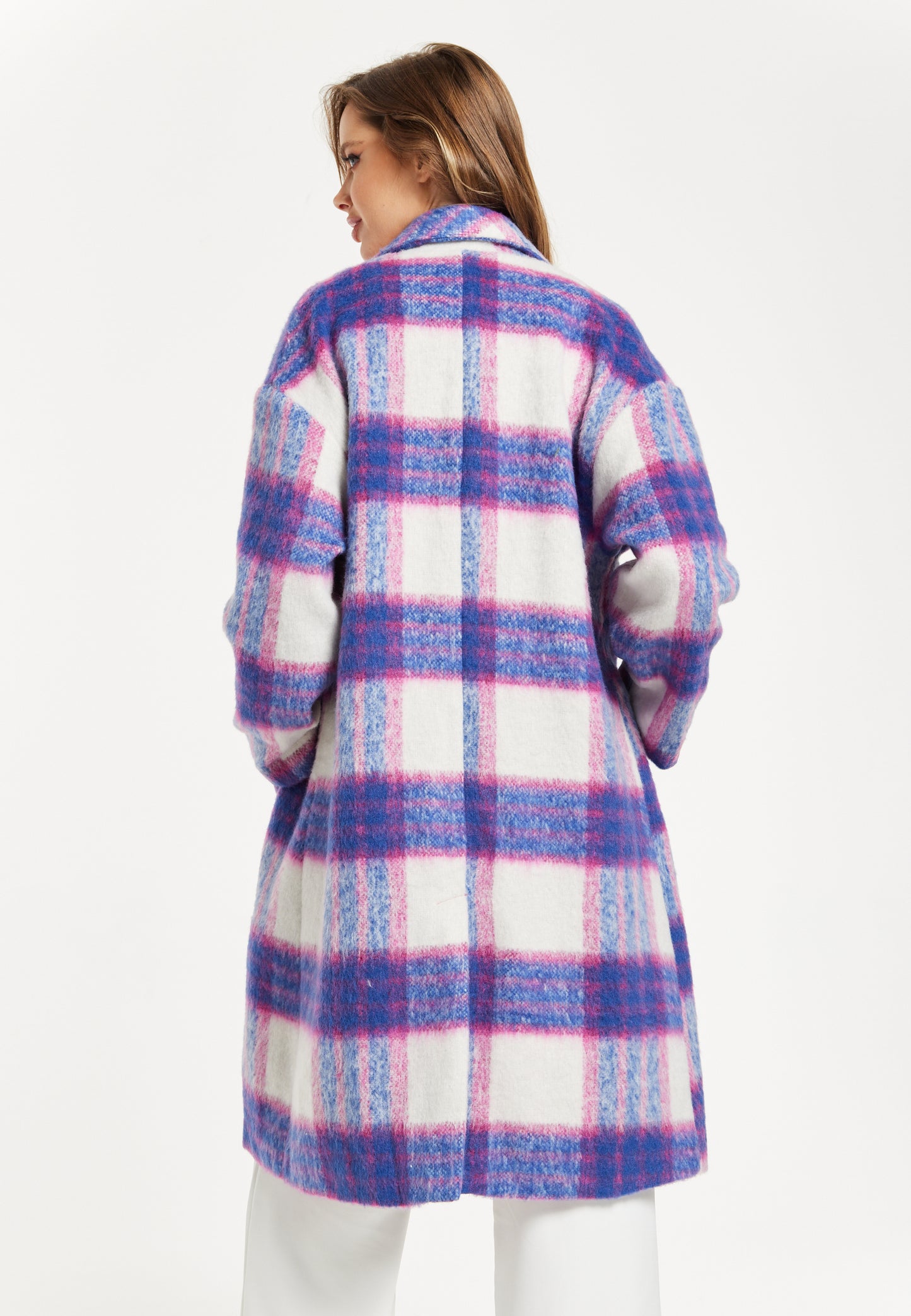 
                  
                    Liquorish Longline Coat In Pink And Navy Checks
                  
                