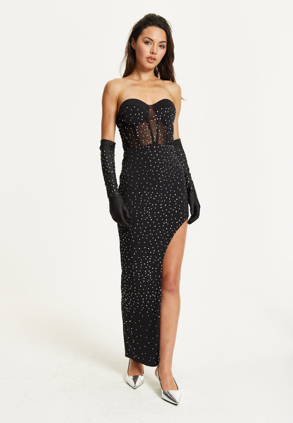 Black Strapless Embellished Gown