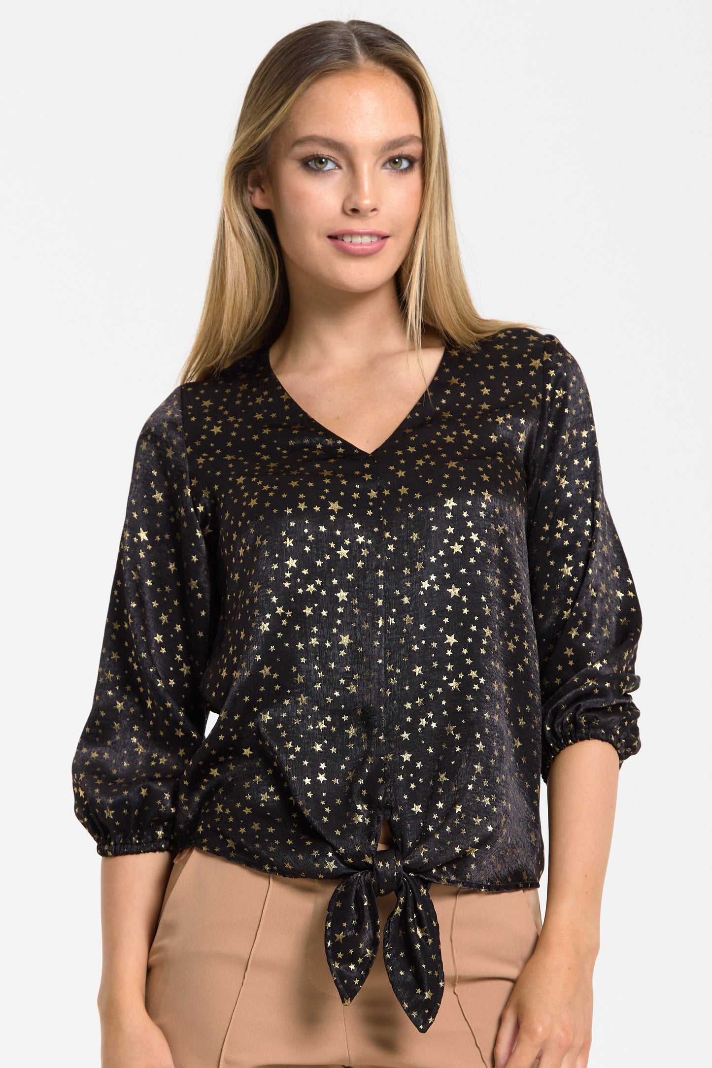 
                  
                    Black Gold Star Print Tie Front Top
                  
                