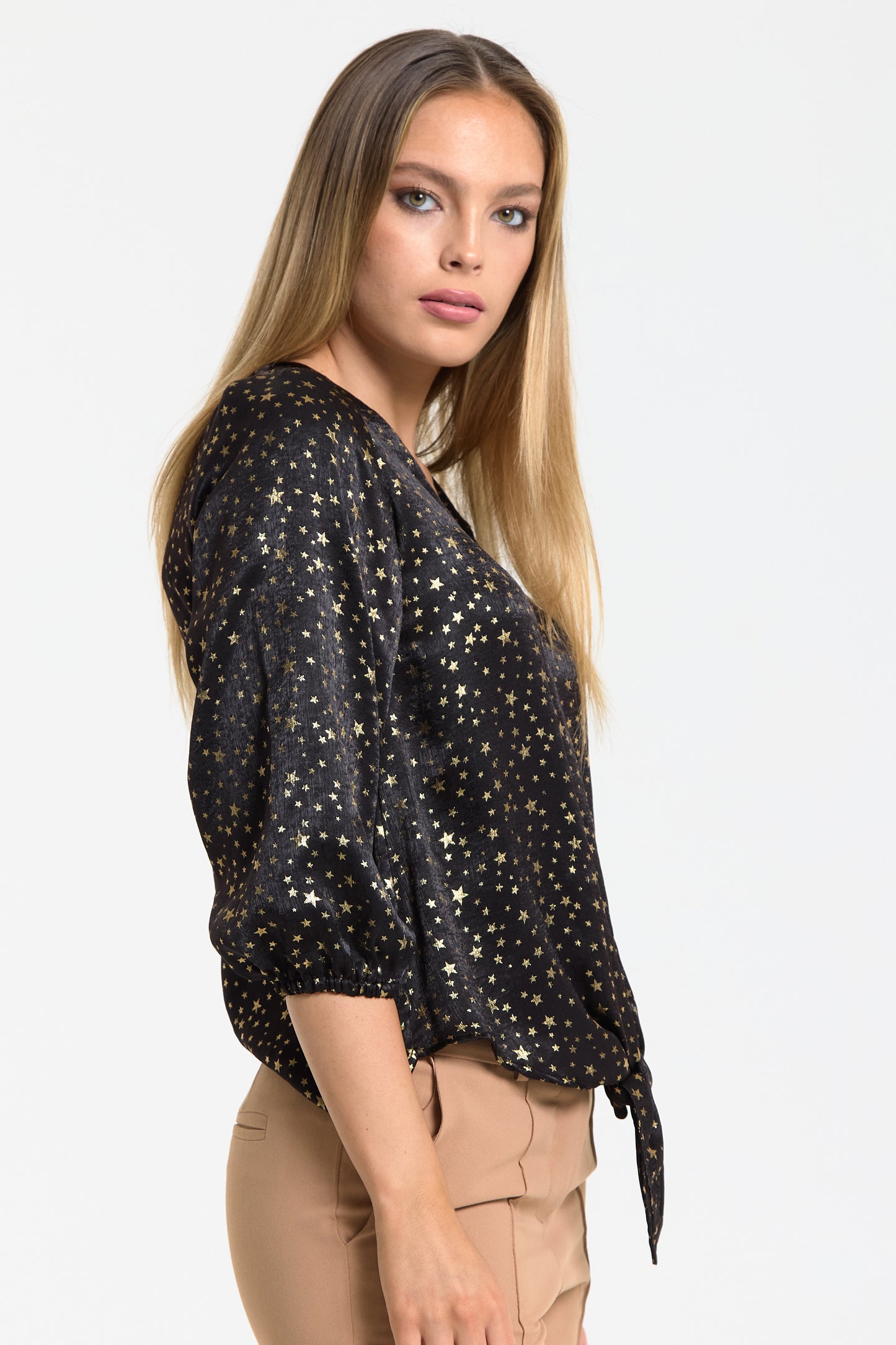
                  
                    Black Gold Star Print Tie Front Top
                  
                