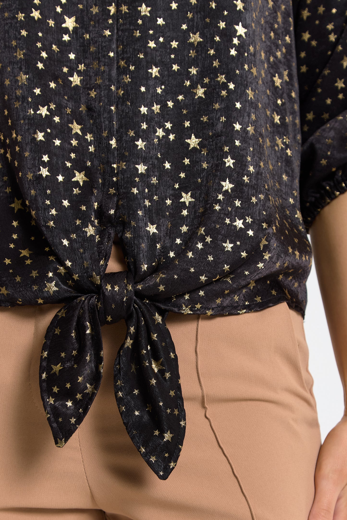 
                  
                    Black Gold Star Print Tie Front Top
                  
                