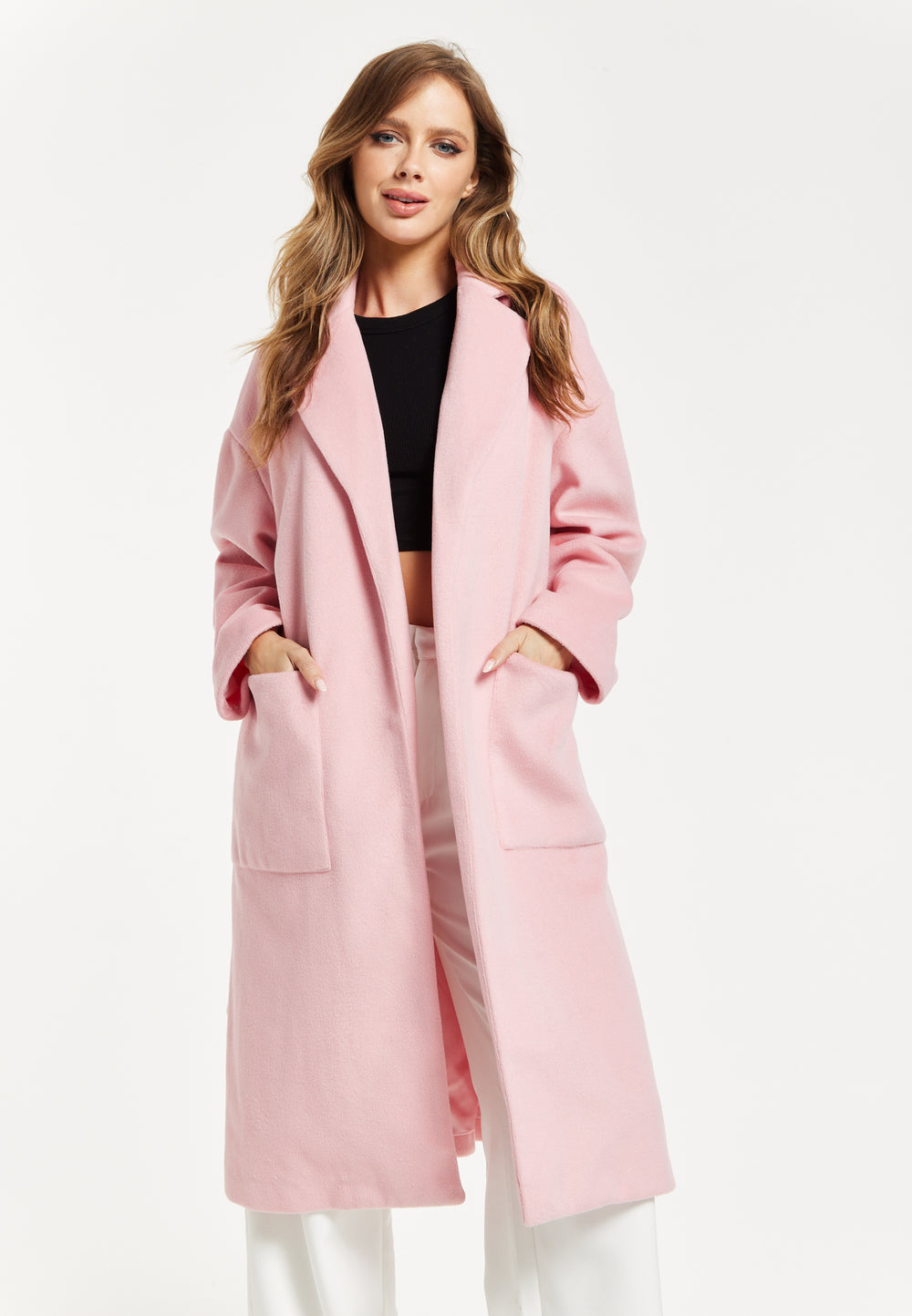 Liquorish Belted Longline Coat in Pink