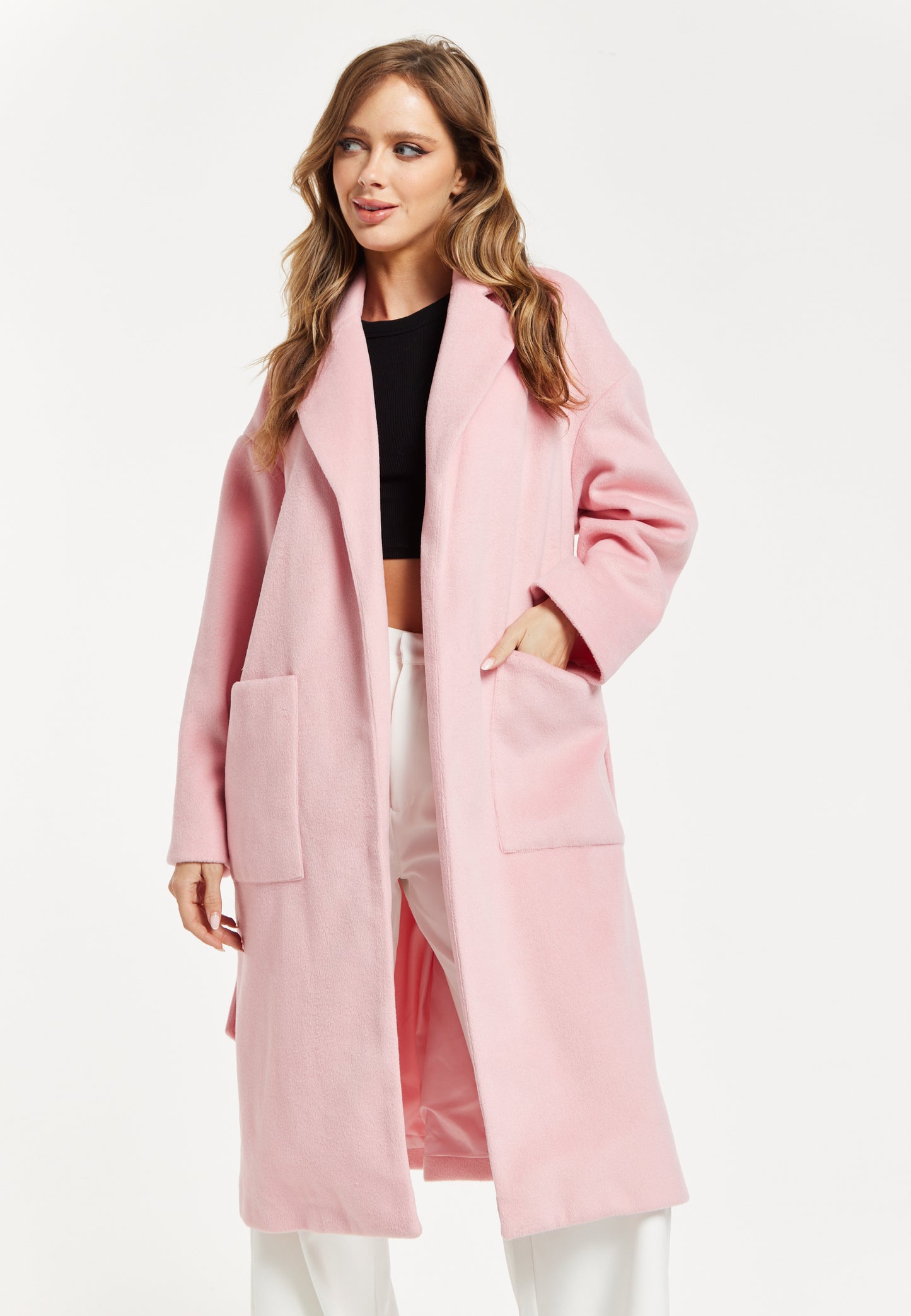 
                  
                    Liquorish Belted Longline Coat in Pink
                  
                