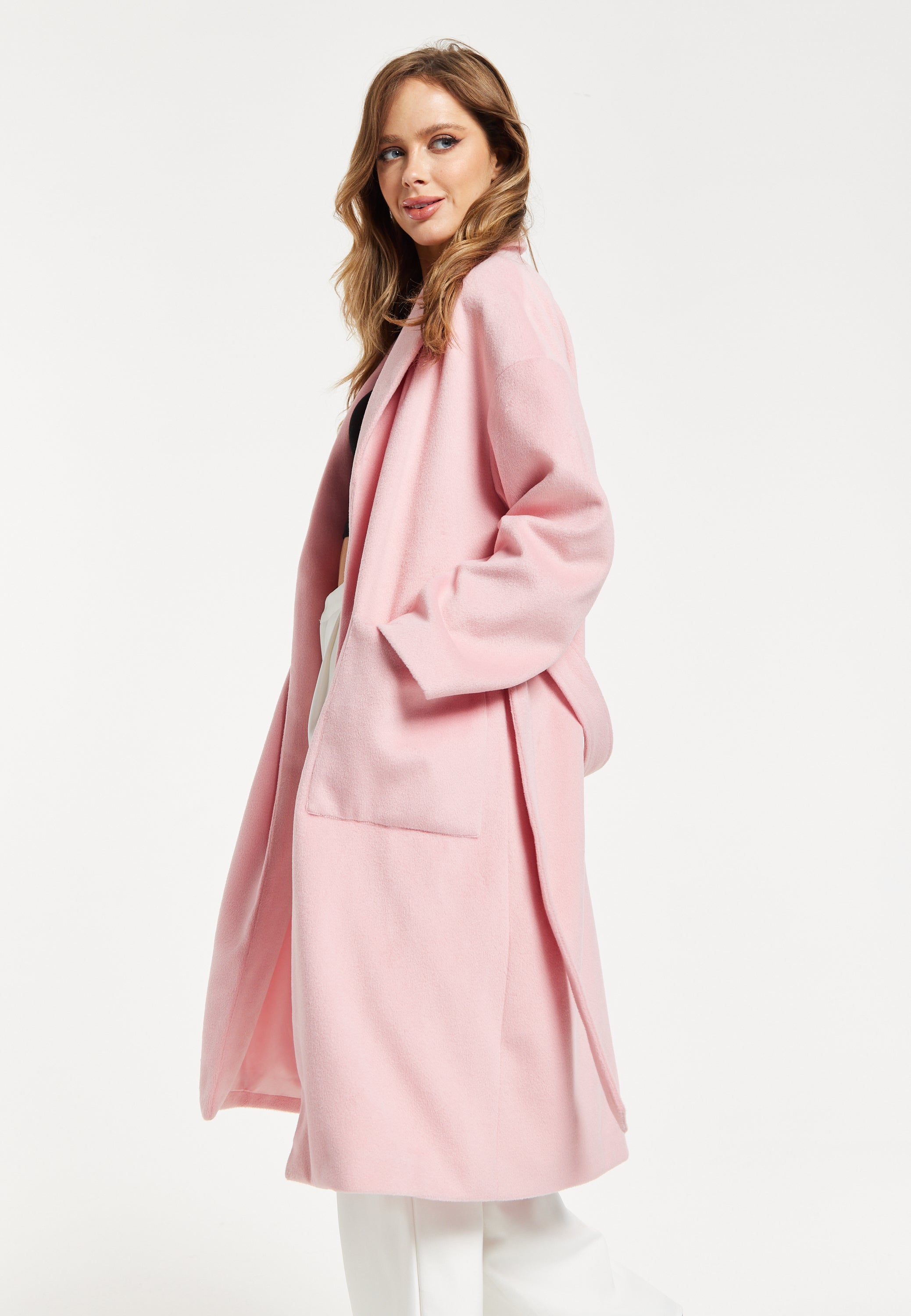 Women s Pink Longline Coat with Notch Collar and Tie Waist Relaxed F Liquorish Online