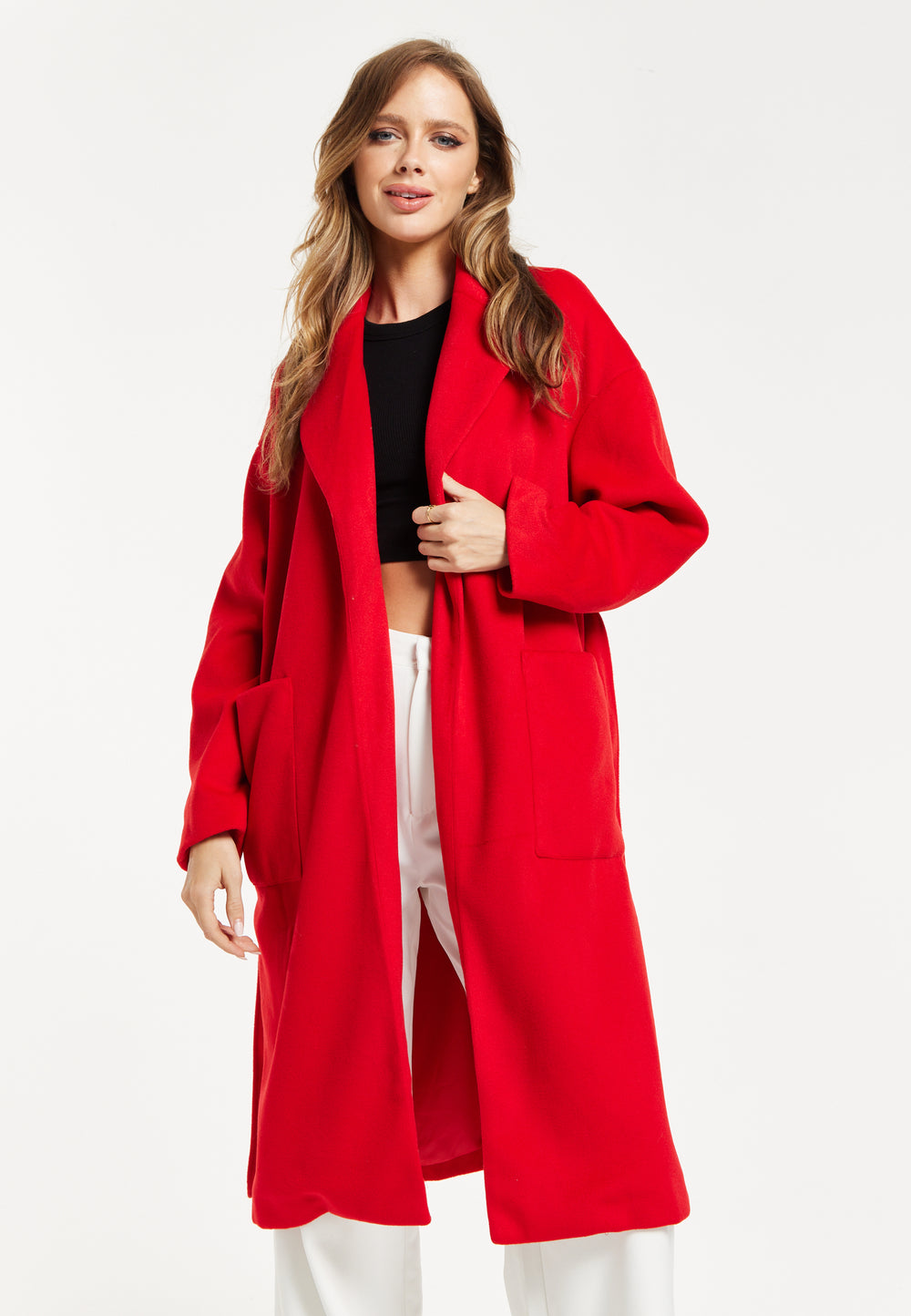 Liquorish Belted Longline Coat In Red