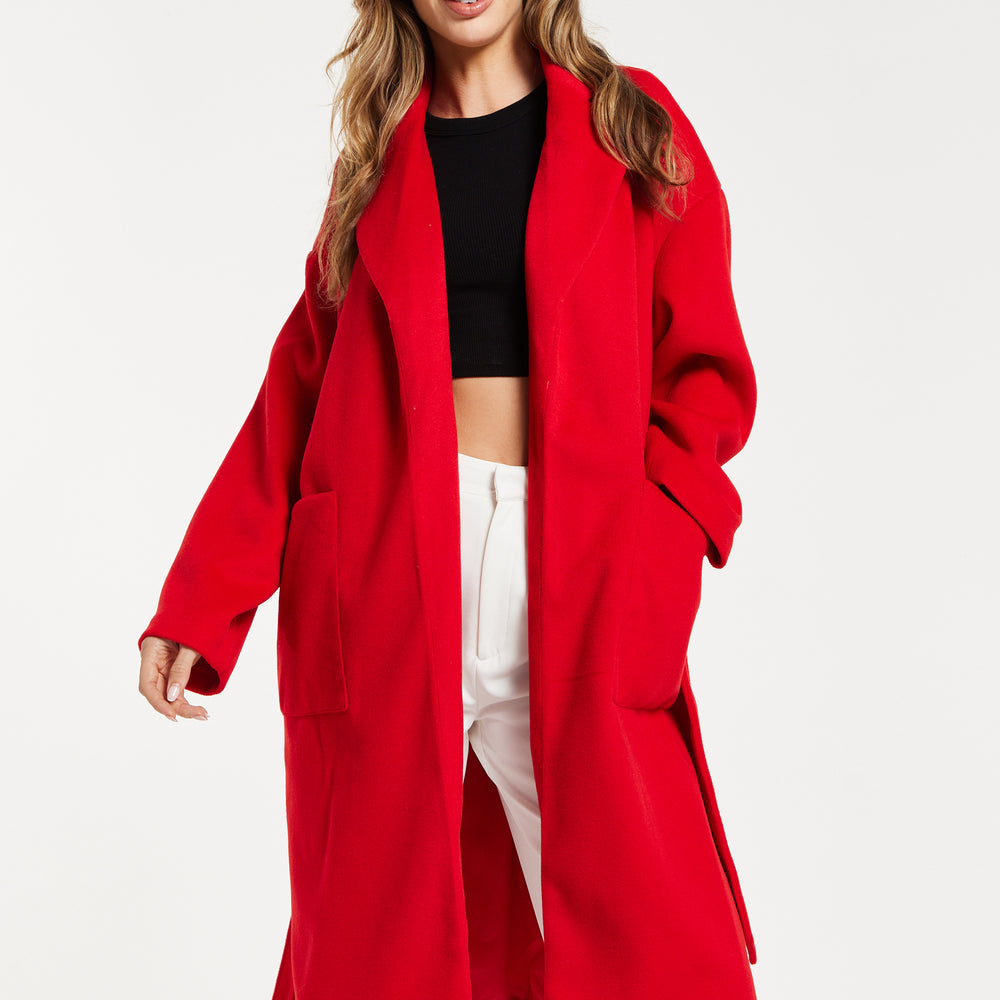 
                  
                    Liquorish Belted Longline Coat In Red
                  
                