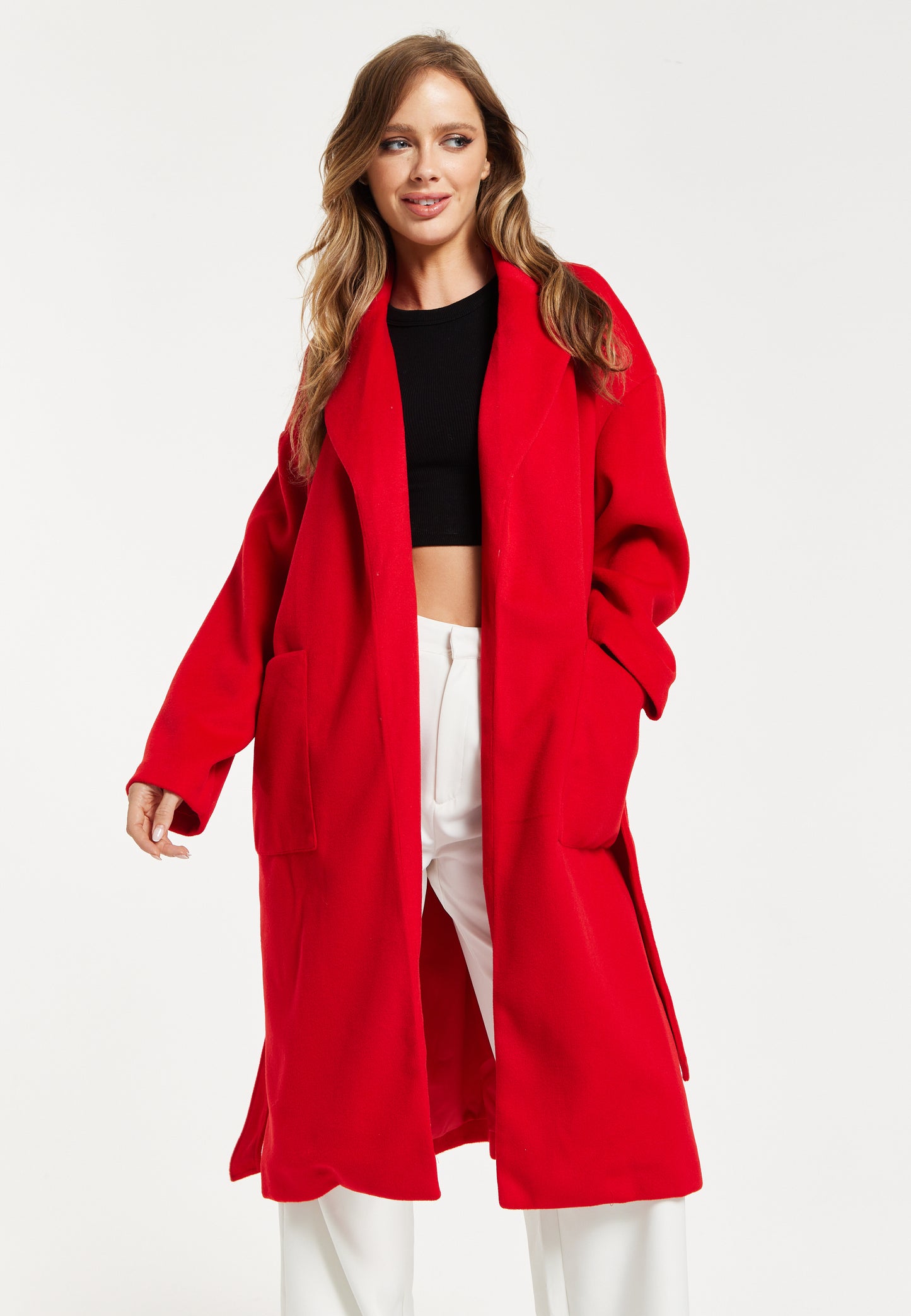 
                  
                    Liquorish Belted Longline Coat In Red
                  
                