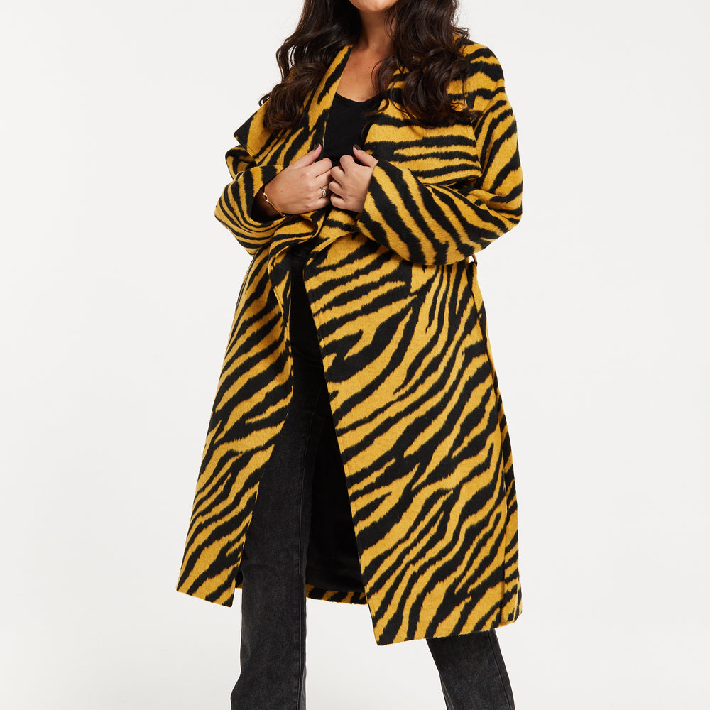 
                  
                    Liquorish Zebra Print Longline Coat In Mustard And Black
                  
                