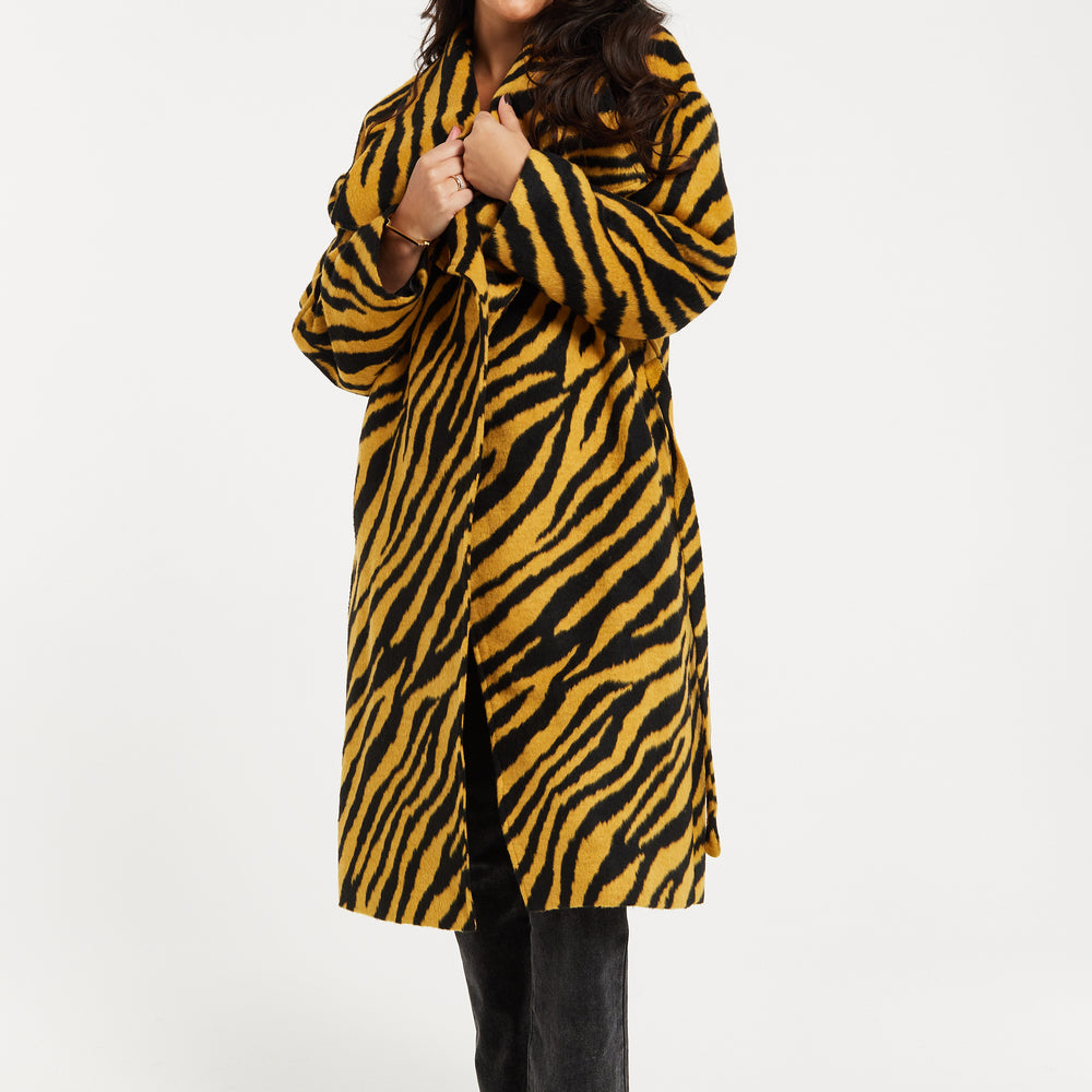 
                  
                    Liquorish Zebra Print Longline Coat In Mustard And Black
                  
                